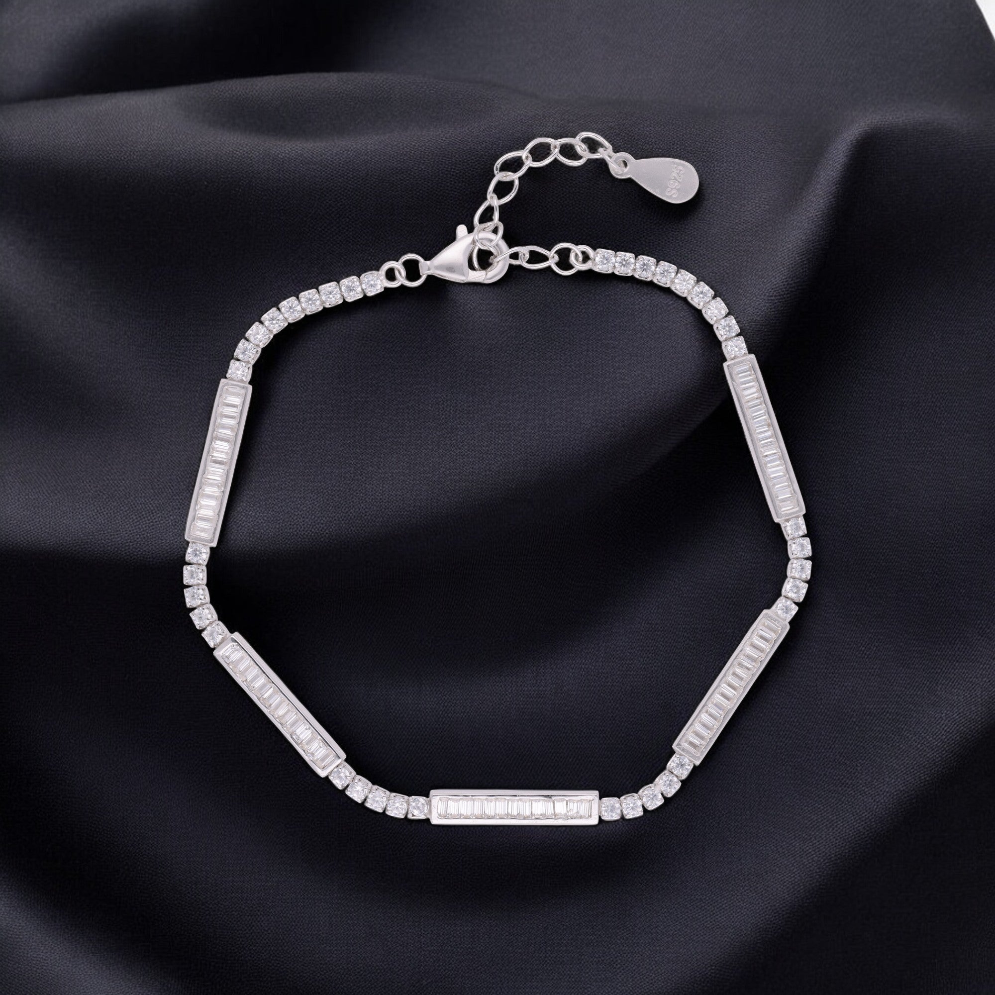 Silver-Tone Bracelet with Alternating Baguette Bars and Round Stone Links | SKU : 0003631058, 0021546648