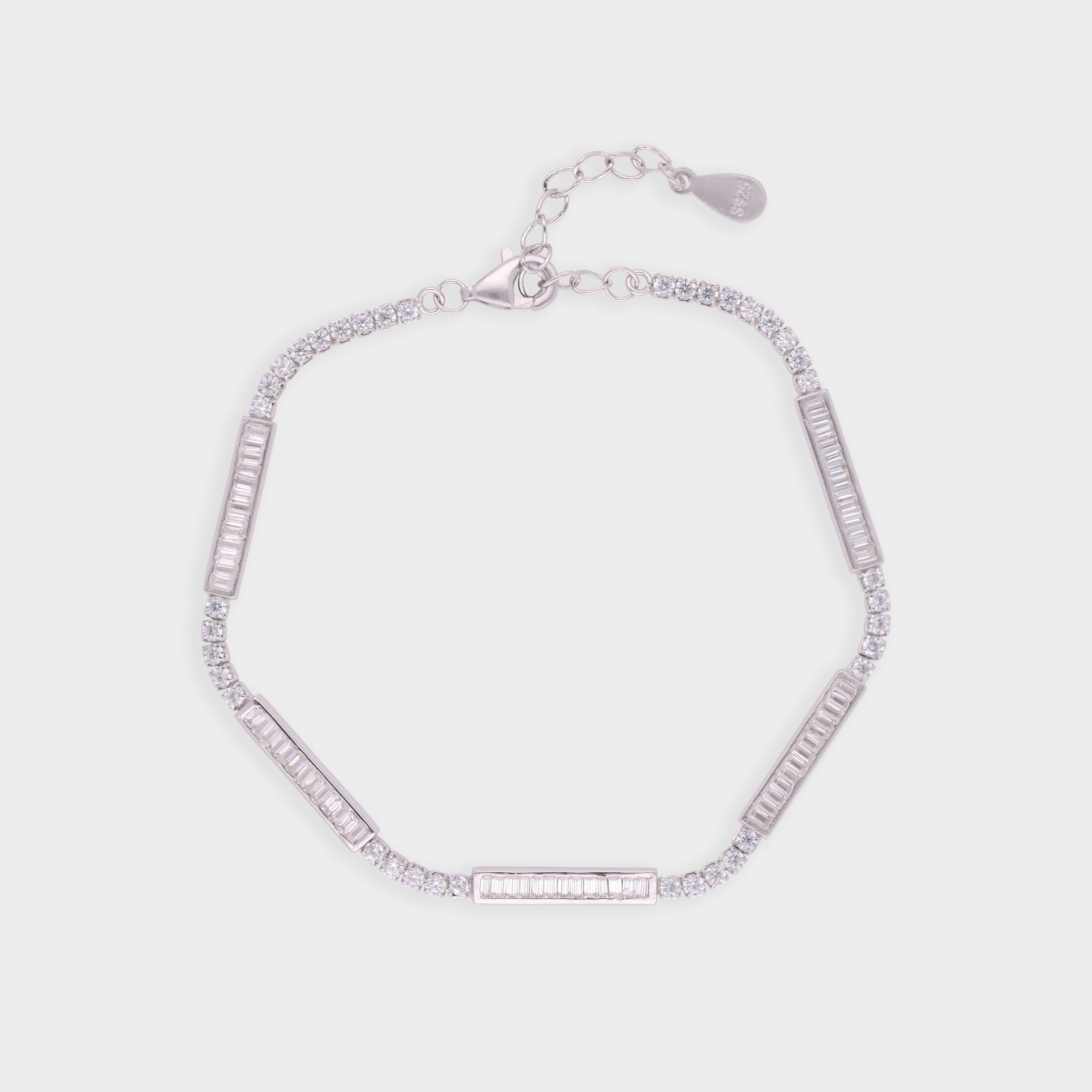 Silver-Tone Bracelet with Alternating Baguette Bars and Round Stone Links | SKU : 0003631058, 0021546648