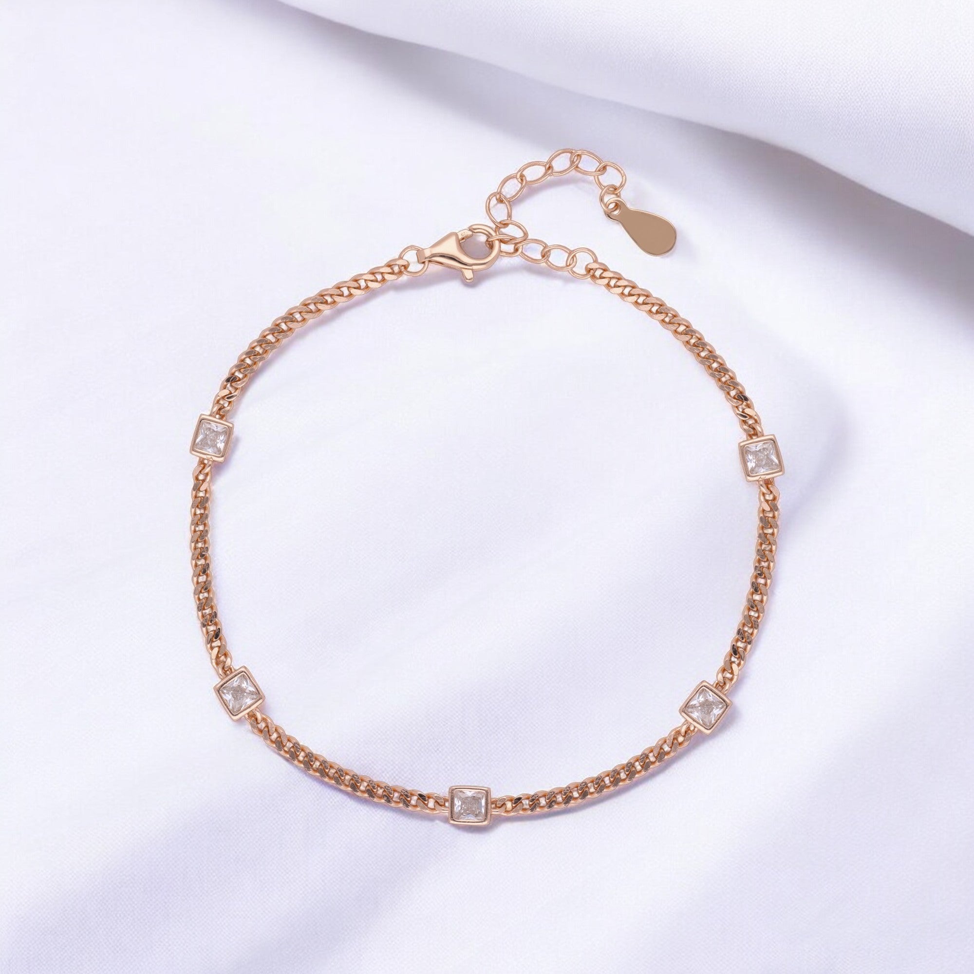 Rose-Tone Box Chain Bracelet with Princess-Cut Stone Embellishments | SKU : 0021546709, 0021546693, 0003631072, 0021546686