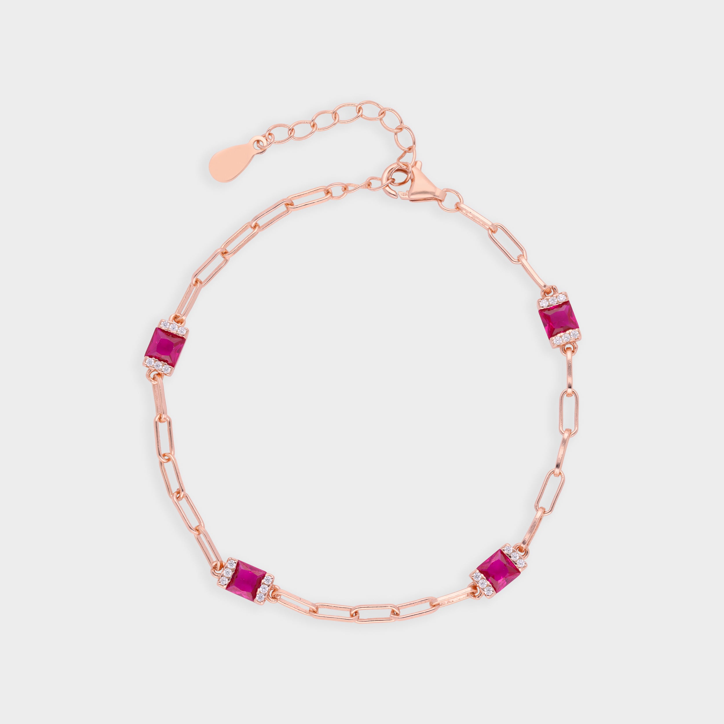 Rose-Tone Paperclip Chain Bracelet with Bold Red Stone Stations | SKU : 0021546747, 0003631096, 0021546754, 0021546761