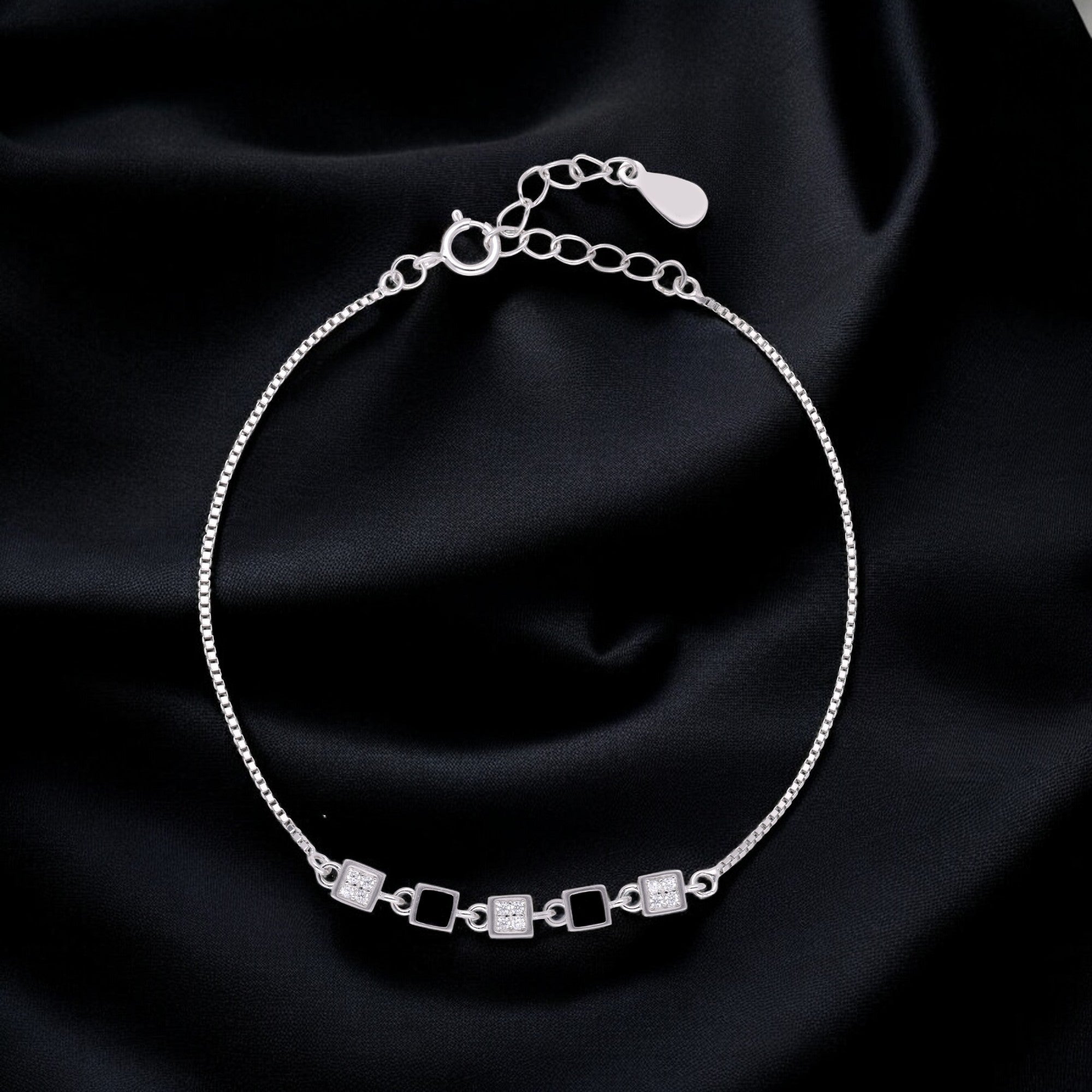 Geometric Square Bracelet with Black Enamel and Sparkling Stones in Silver and Rosegold | SKU : 0021546716, 0021546730, 0021546723, 0003631102