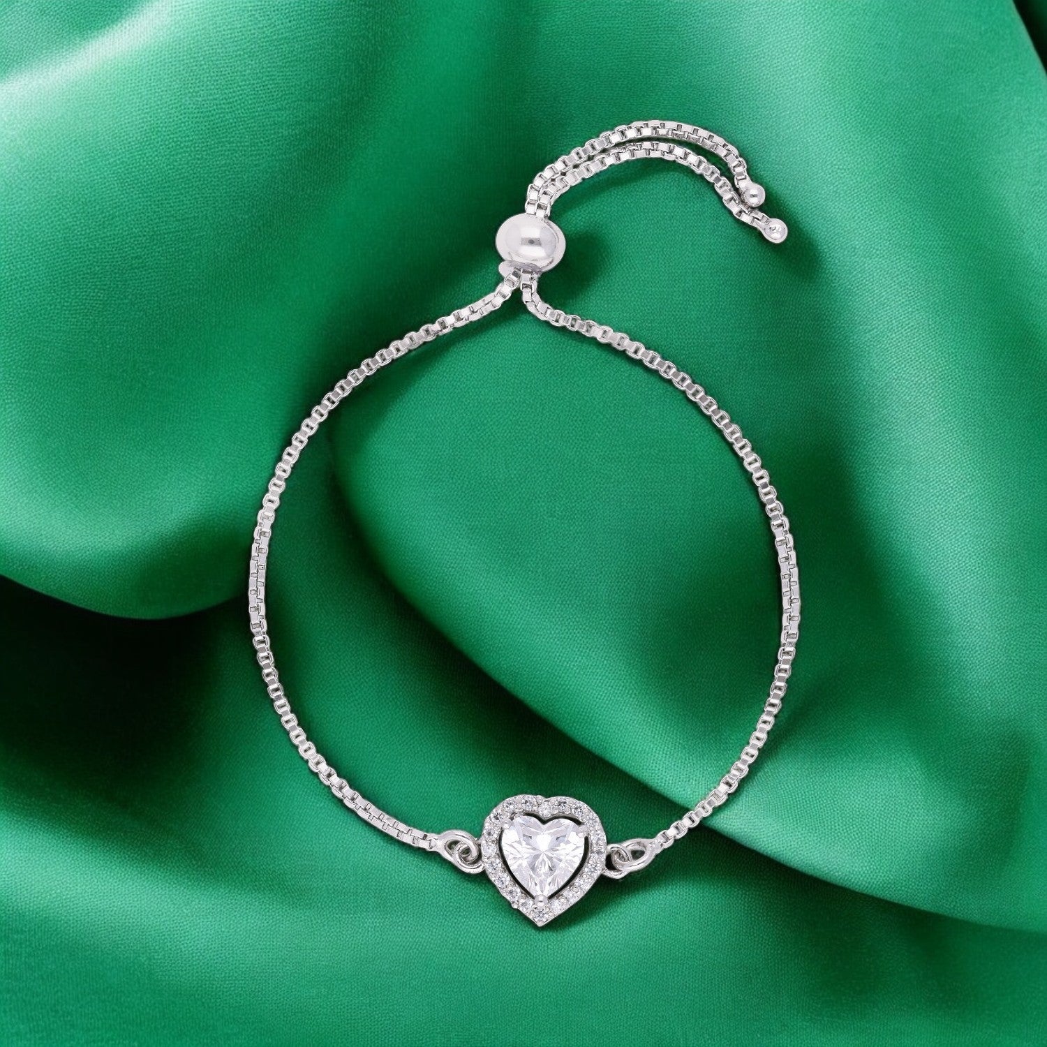 Heart-Shaped Cubic Zirconia Sterling Silver Adjustable Bracelet | SKU : 0022164179, 0003888384
