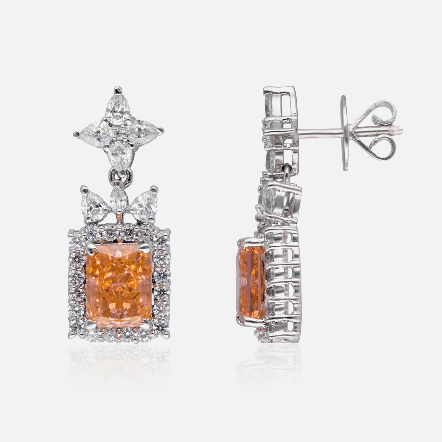 Radiant Emerald Cut Halo Drop Earrings – Green, Blue & Orange Variants | SKU :  0022178961, 0022179265, 0003894095