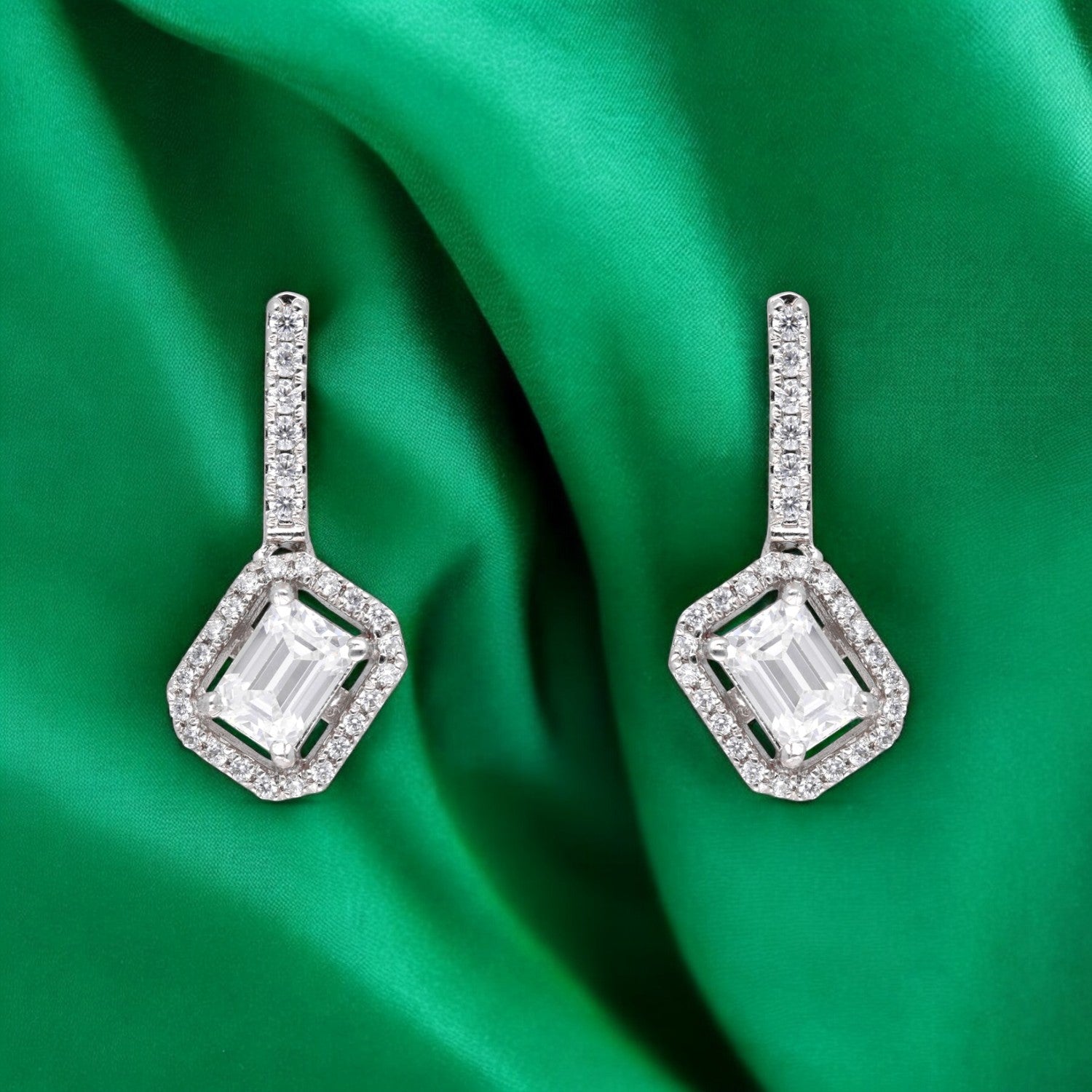 Emerald-Cut Halo Sterling Silver Drop Earrings | SKU :  0022179036, 0022179333, 0003894163