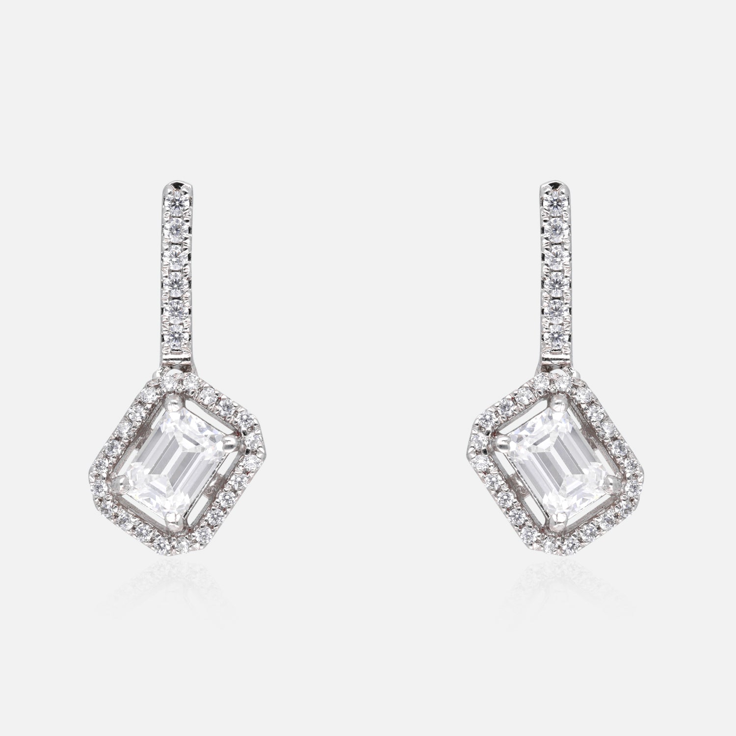 Emerald-Cut Halo Sterling Silver Drop Earrings | SKU :  0022179036, 0022179333, 0003894163