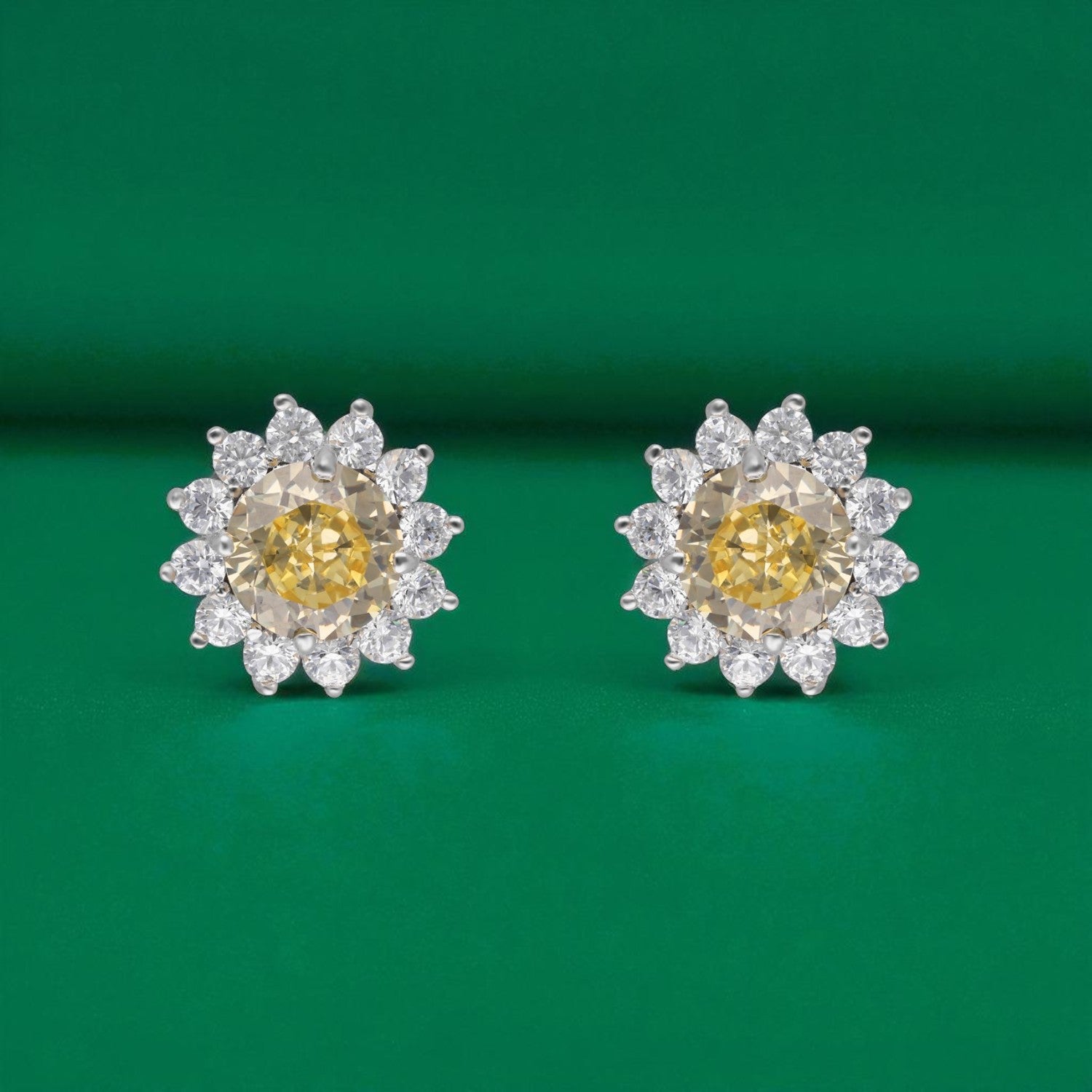 Sterling Silver Yellow-Pink Solitaire & White Halo Stud Earrings | SKU : 0022195838, 0022194442, 0003904190