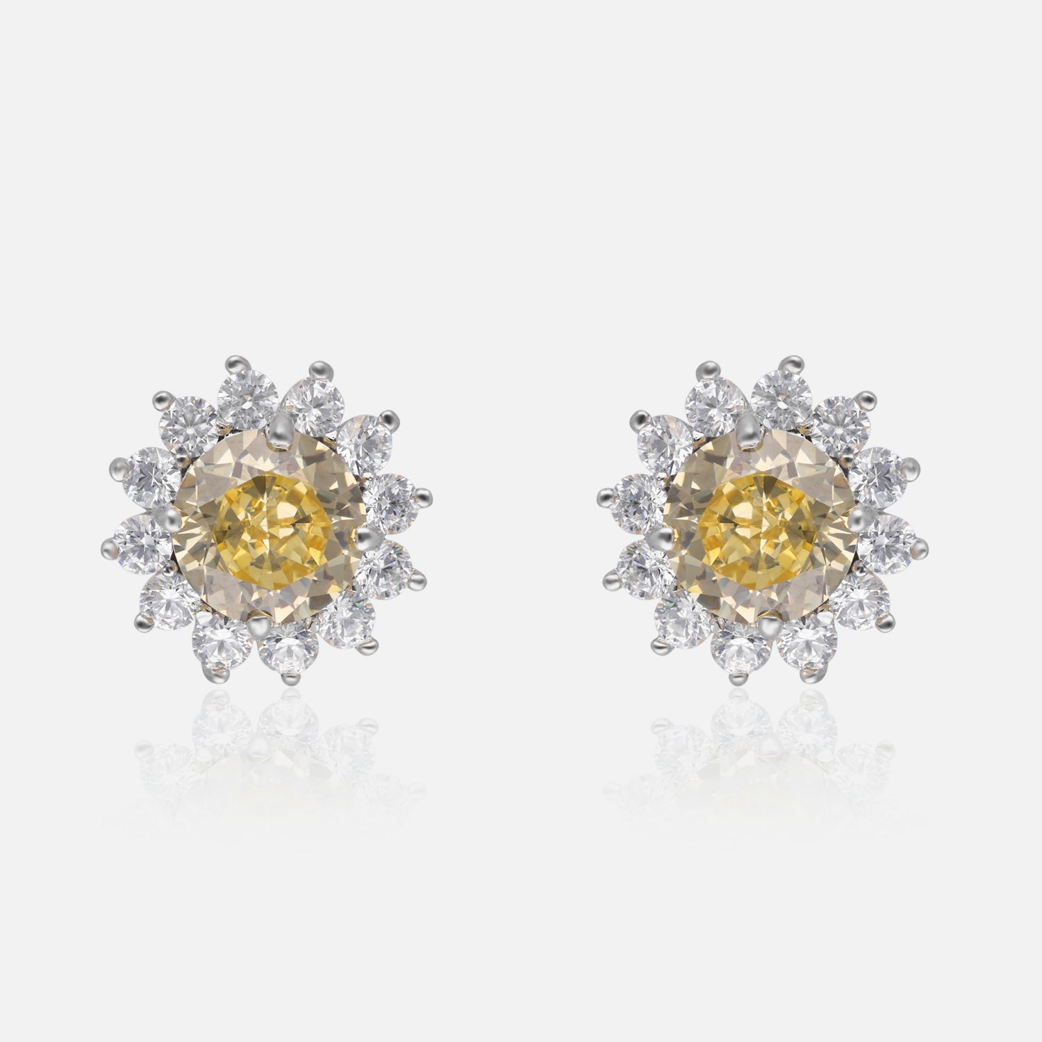 Sterling Silver Yellow-Pink Solitaire & White Halo Stud Earrings | SKU : 0022195838, 0022194442, 0003904190