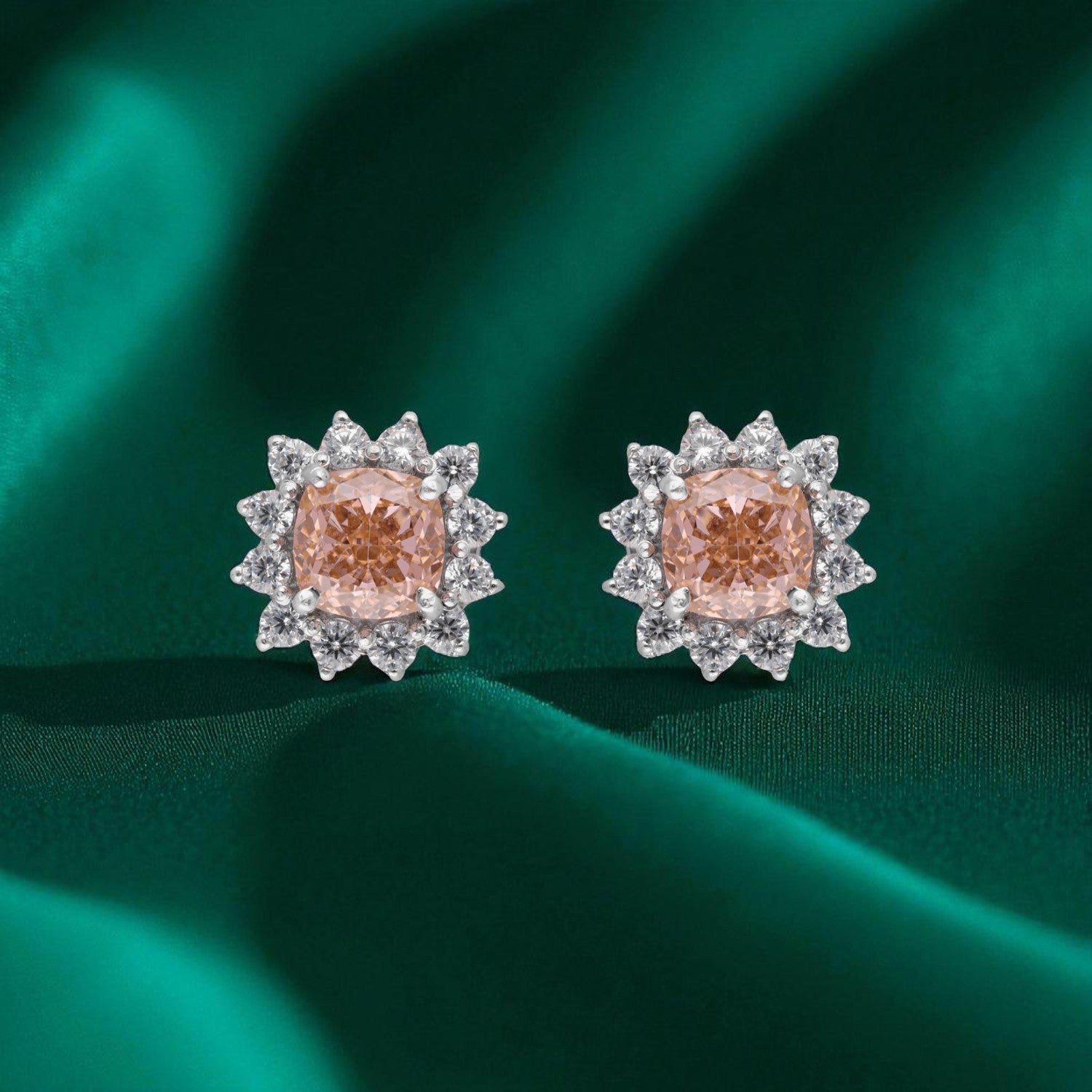 Elegant Cushion-Cut Blue & Peach Gemstone Halo Floral Stud Earrings | SKU : 0022195845, 0022194459, 0003904206