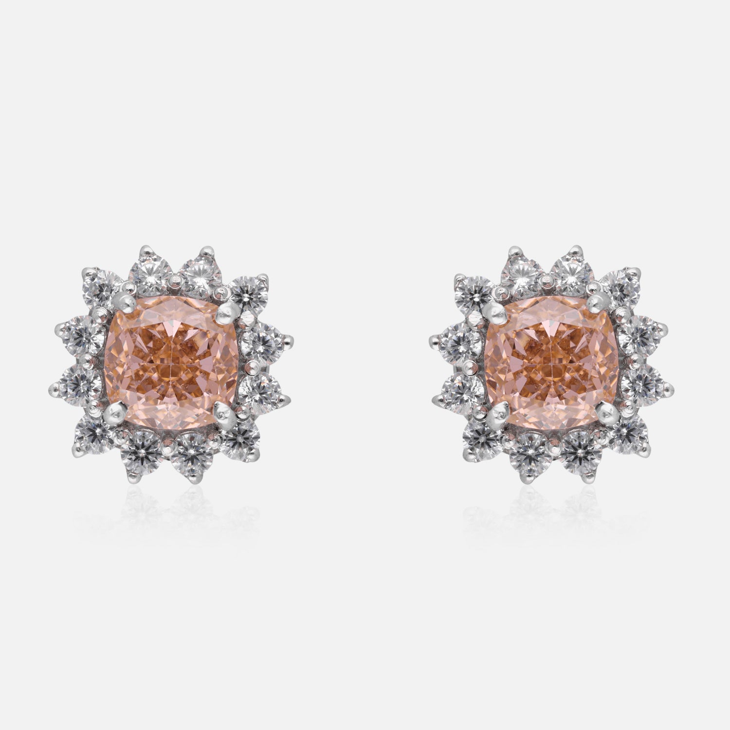Elegant Cushion-Cut Blue & Peach Gemstone Halo Floral Stud Earrings | SKU : 0022195845, 0022194459, 0003904206