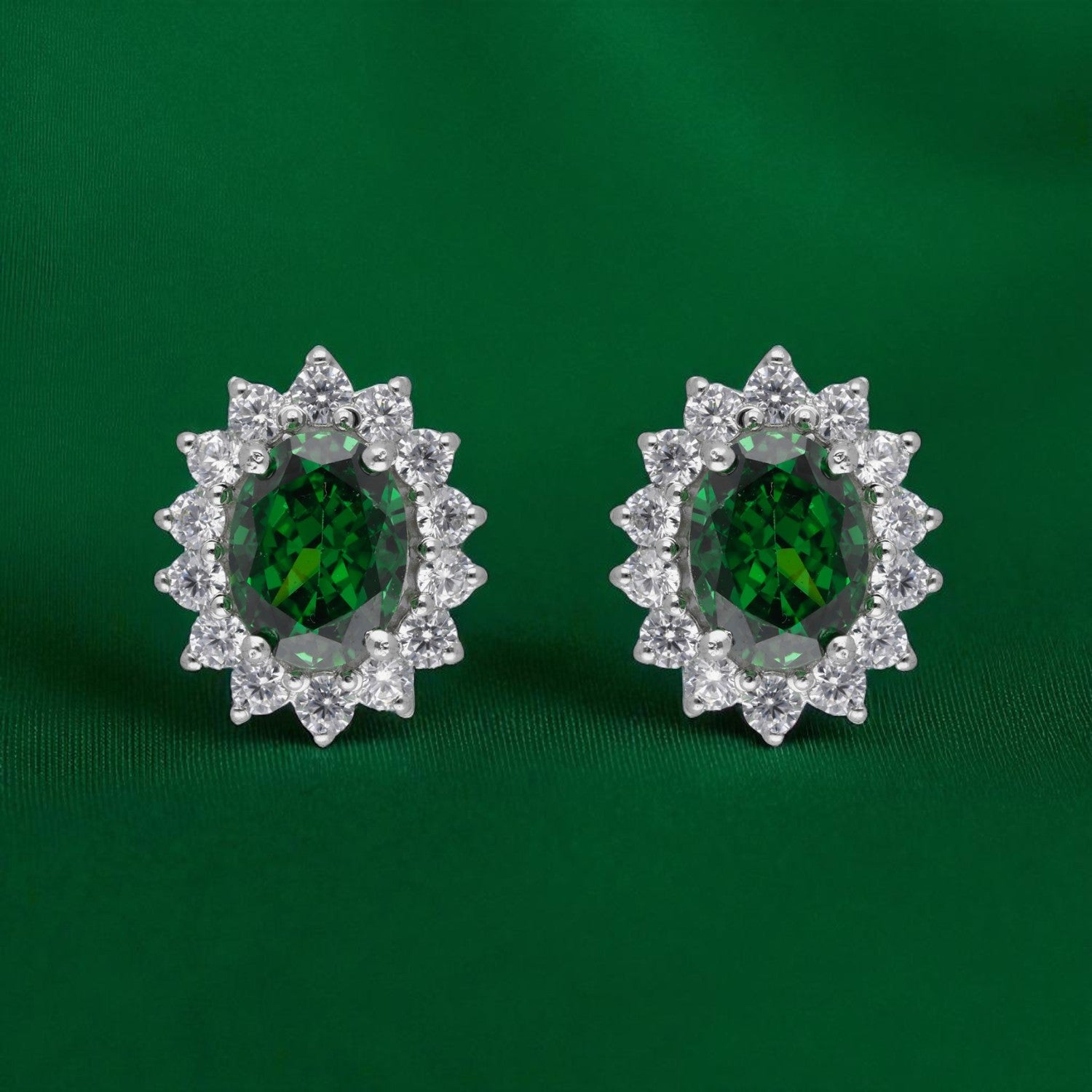 Sterling Silver Emerald Green Halo Earrings | SKU : 0022195890, 0022194503, 0003904251