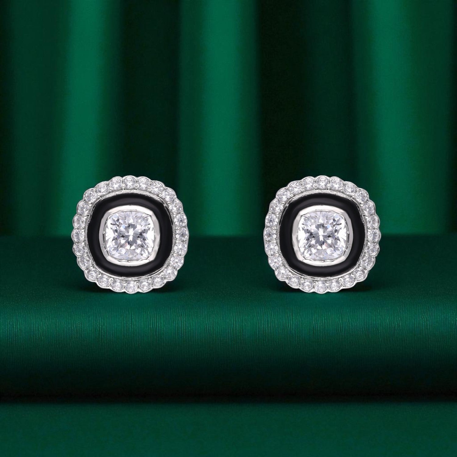 Sterling Silver Cushion-Cut Enamel Halo Earrings (Black, Green & Red Variants) | SKU : 0022195920, 0022194534, 0003904282