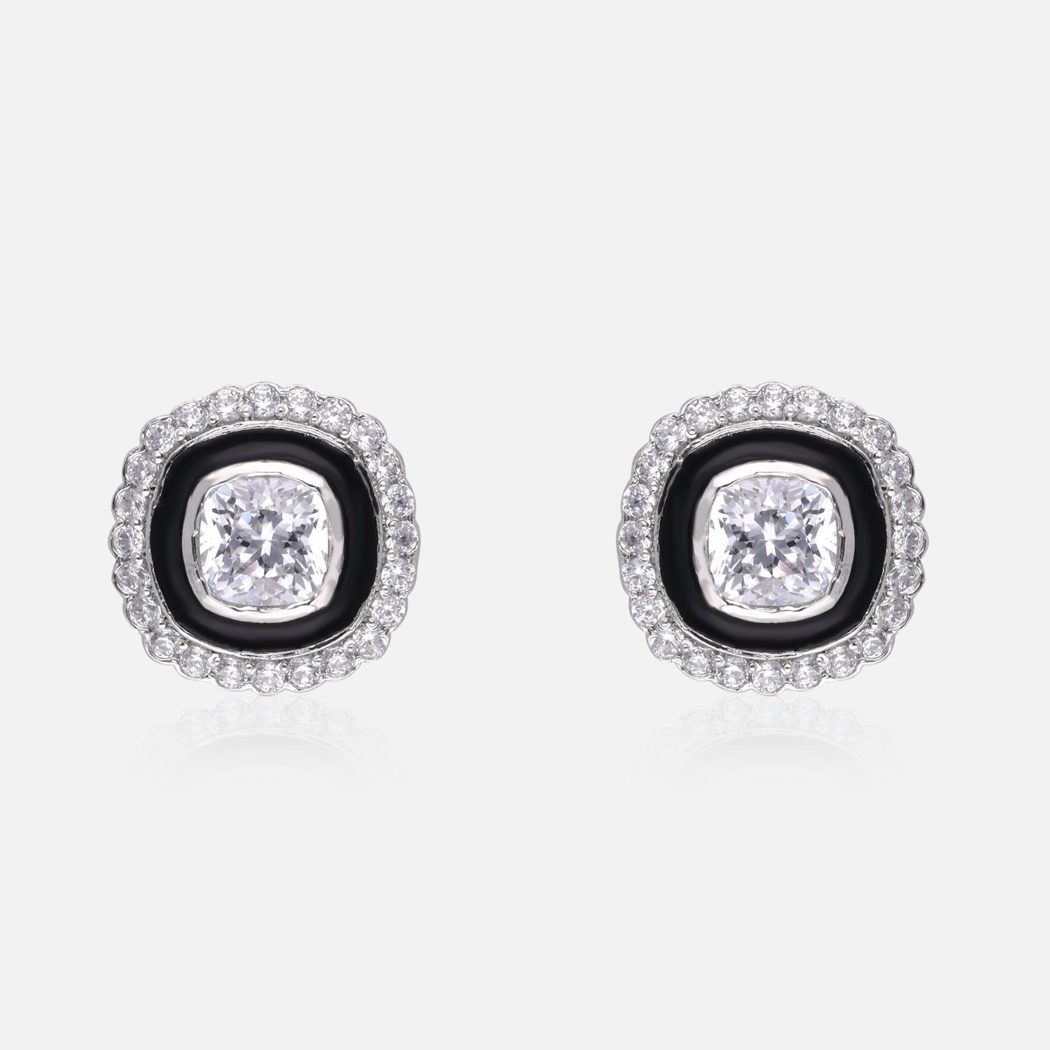 Sterling Silver Cushion-Cut Enamel Halo Earrings (Black, Green & Red Variants) | SKU : 0022195920, 0022194534, 0003904282