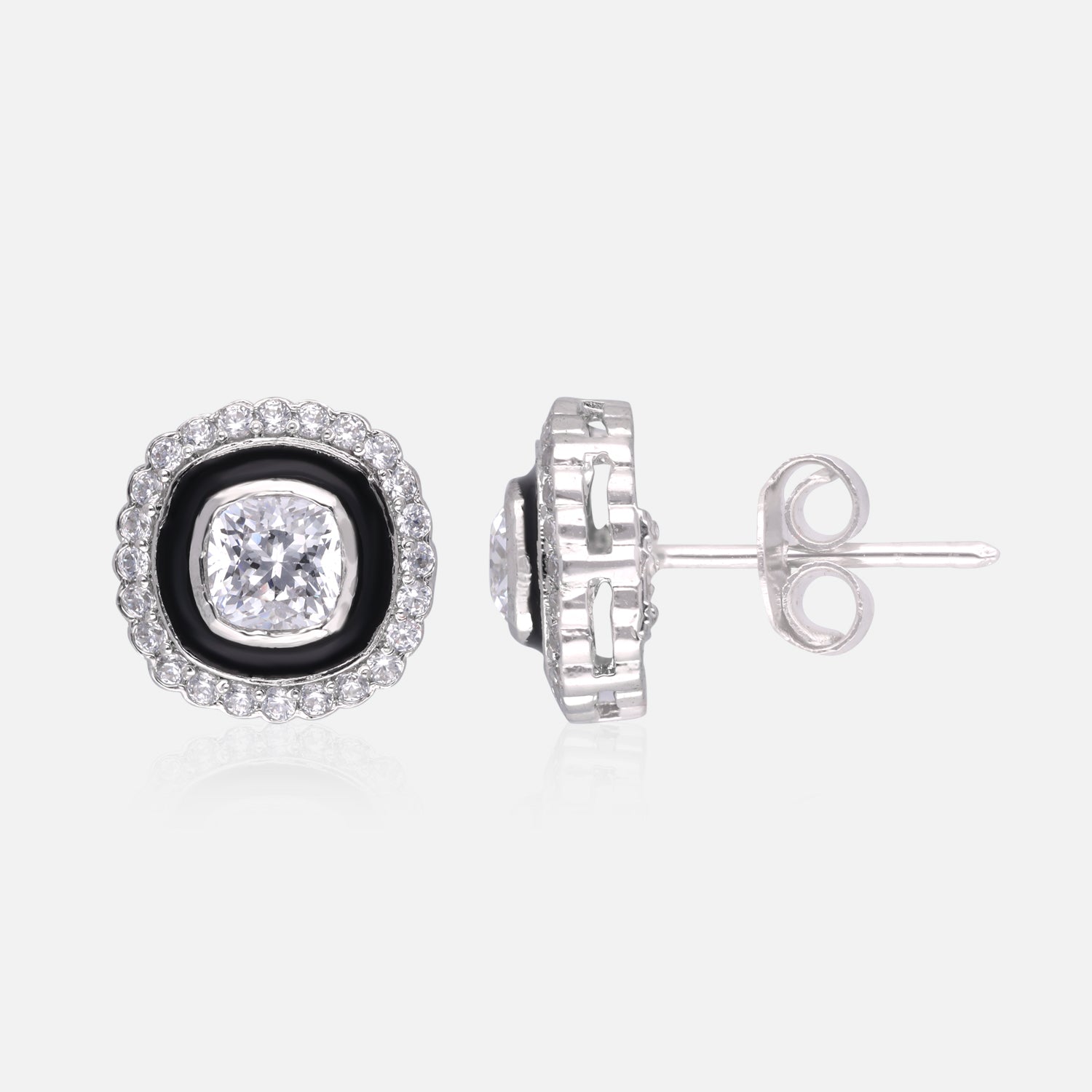 Sterling Silver Cushion-Cut Enamel Halo Earrings (Black, Green & Red Variants) | SKU : 0022195920, 0022194534, 0003904282