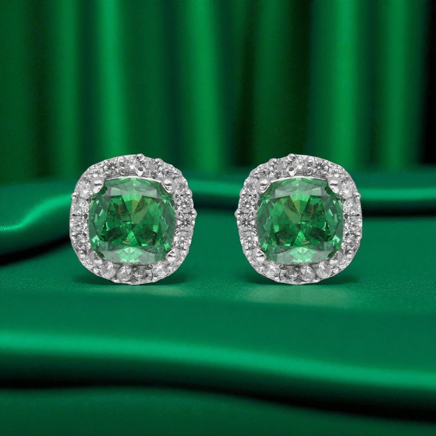 Sterling Silver Cushion-Cut Halo Earrings (Green, Pink & Yellow Variants) | SKU : 0022195937, 0022194541, 0003904299