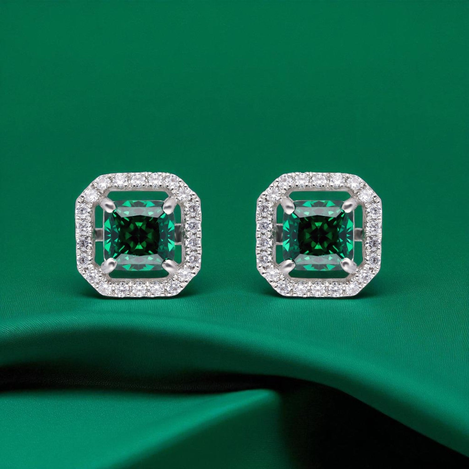 Sterling Silver Cushion-Cut Halo Stud Earrings – Emerald, Sapphire & Yellow Variants | SKU : 0022195968, 0022194572, 0003904329
