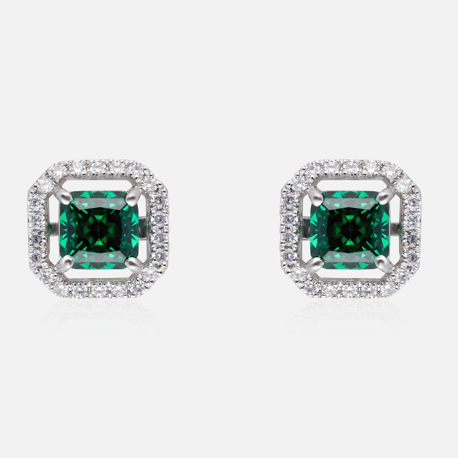 Sterling Silver Cushion-Cut Halo Stud Earrings – Emerald, Sapphire & Yellow Variants | SKU : 0022195968, 0022194572, 0003904329
