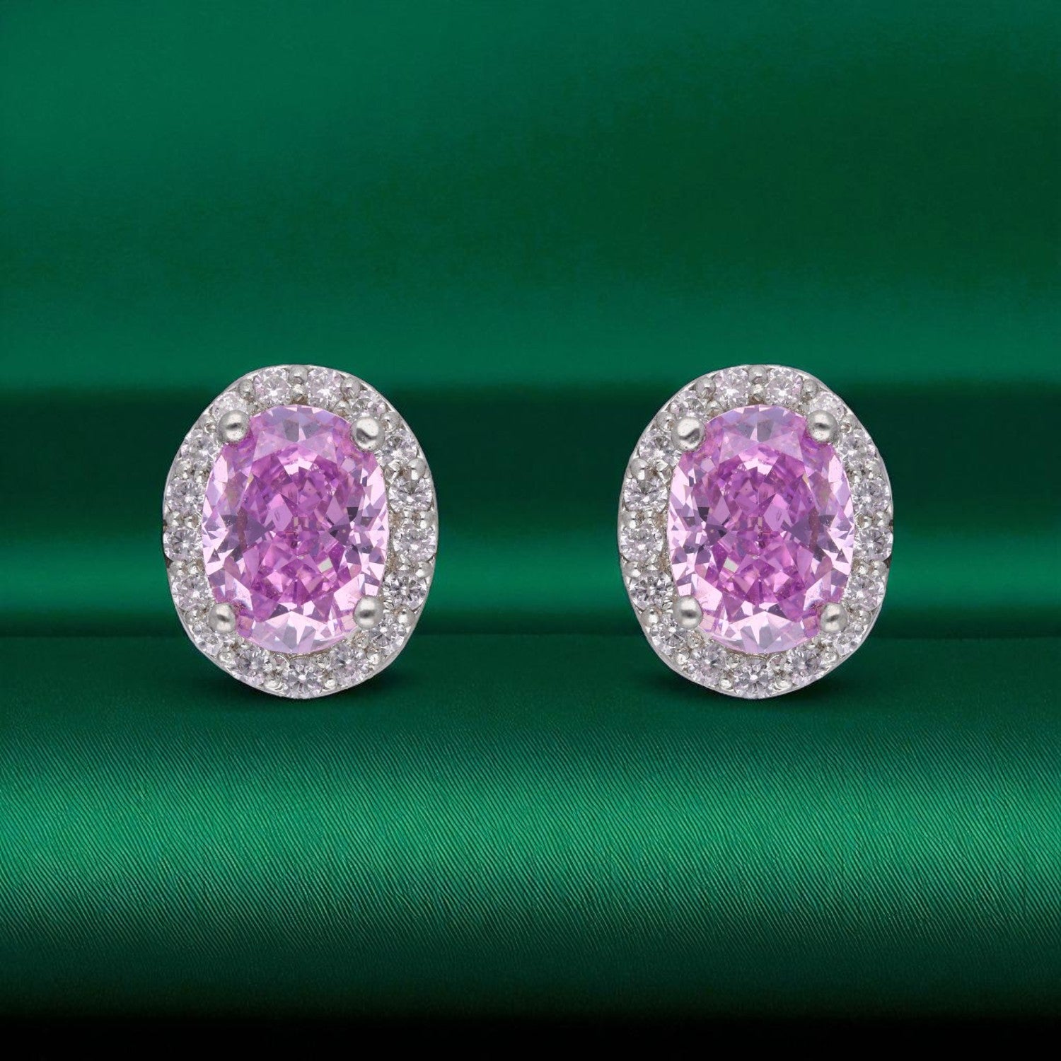 Sterling Silver Oval Halo Stud Earrings – Pink, Blue & Yellow Variants | SKU : 0022196026, 0022194633, 0003904381