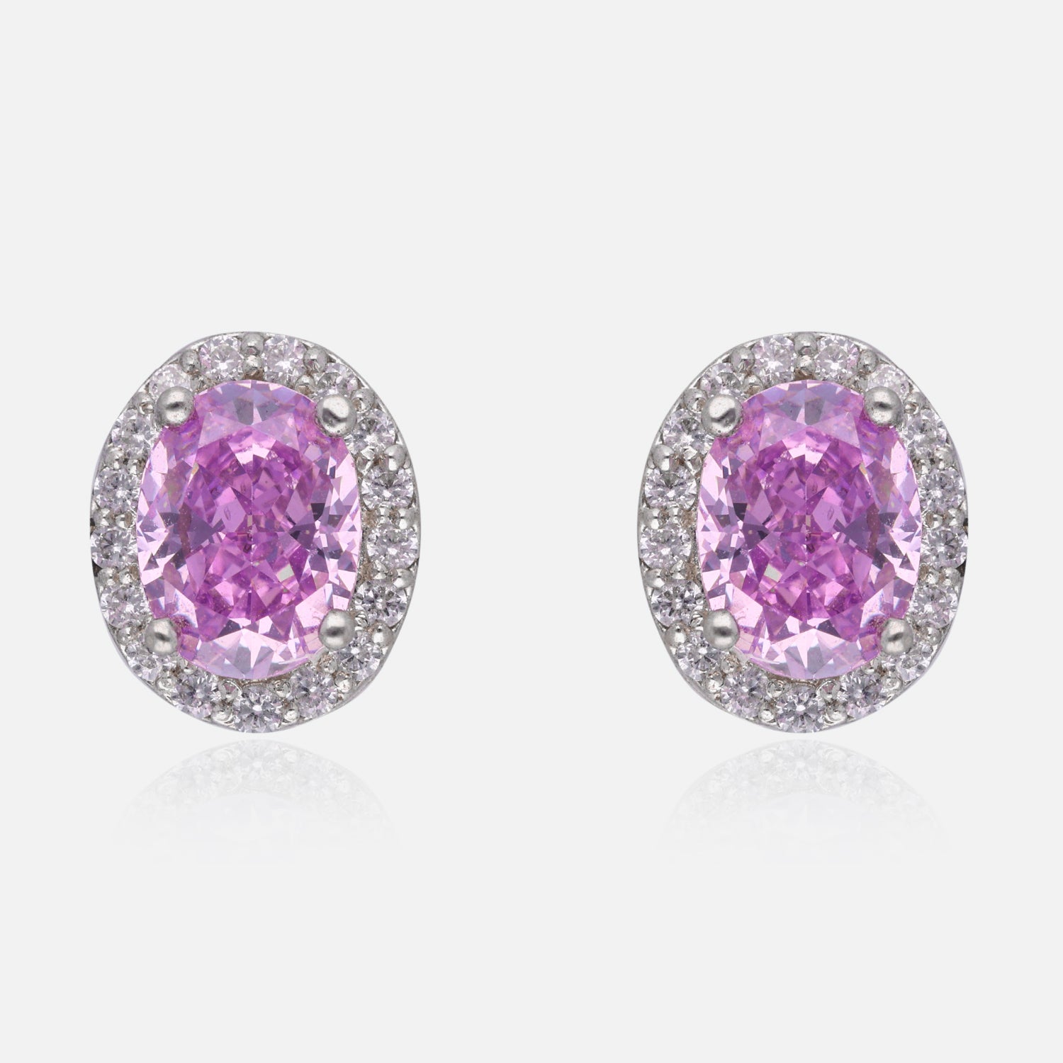 Sterling Silver Oval Halo Stud Earrings – Pink, Blue & Yellow Variants | SKU : 0022196026, 0022194633, 0003904381
