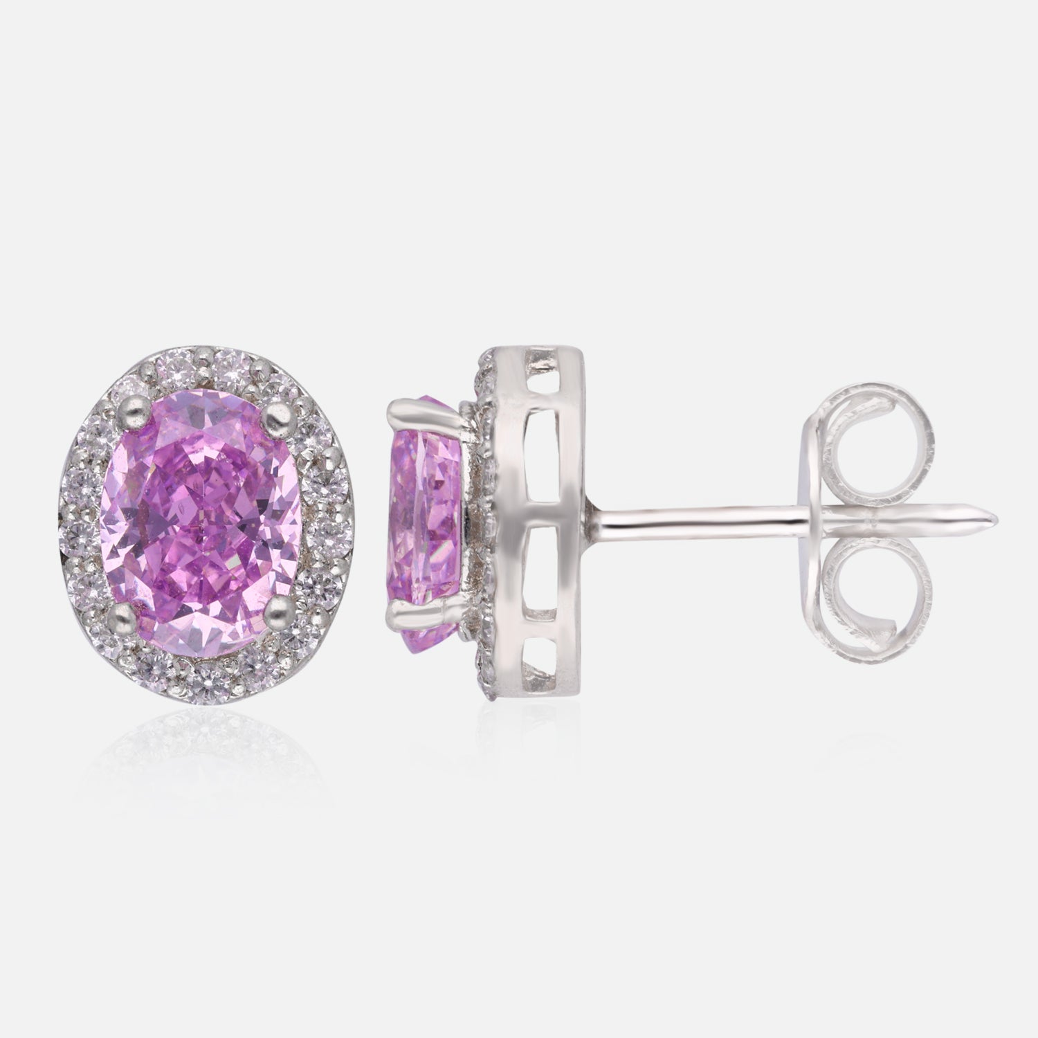 Sterling Silver Oval Halo Stud Earrings – Pink, Blue & Yellow Variants | SKU : 0022196026, 0022194633, 0003904381