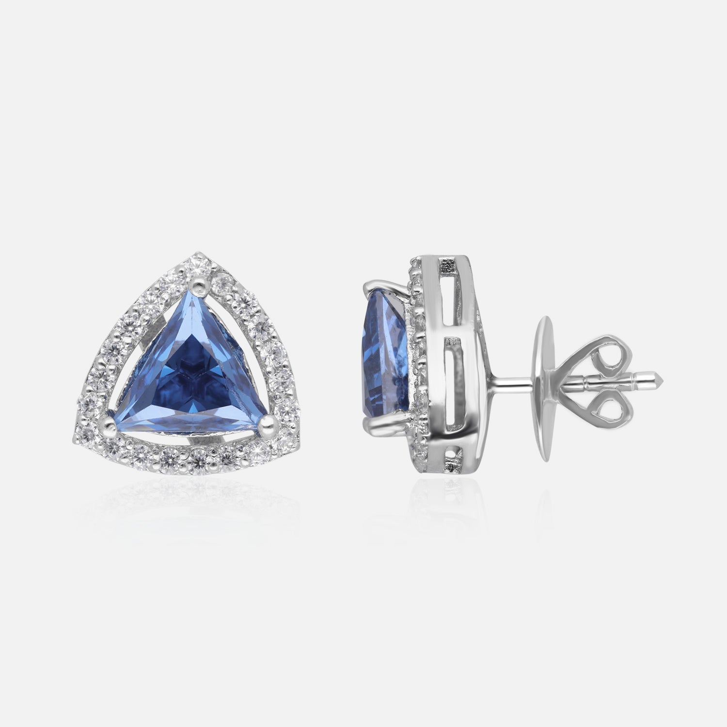 Trillion Radiance Halo Stud Earrings – Bold Geometry, Brilliant Sparkle | SKU : 0022196187, 0022194794, 0003904541
