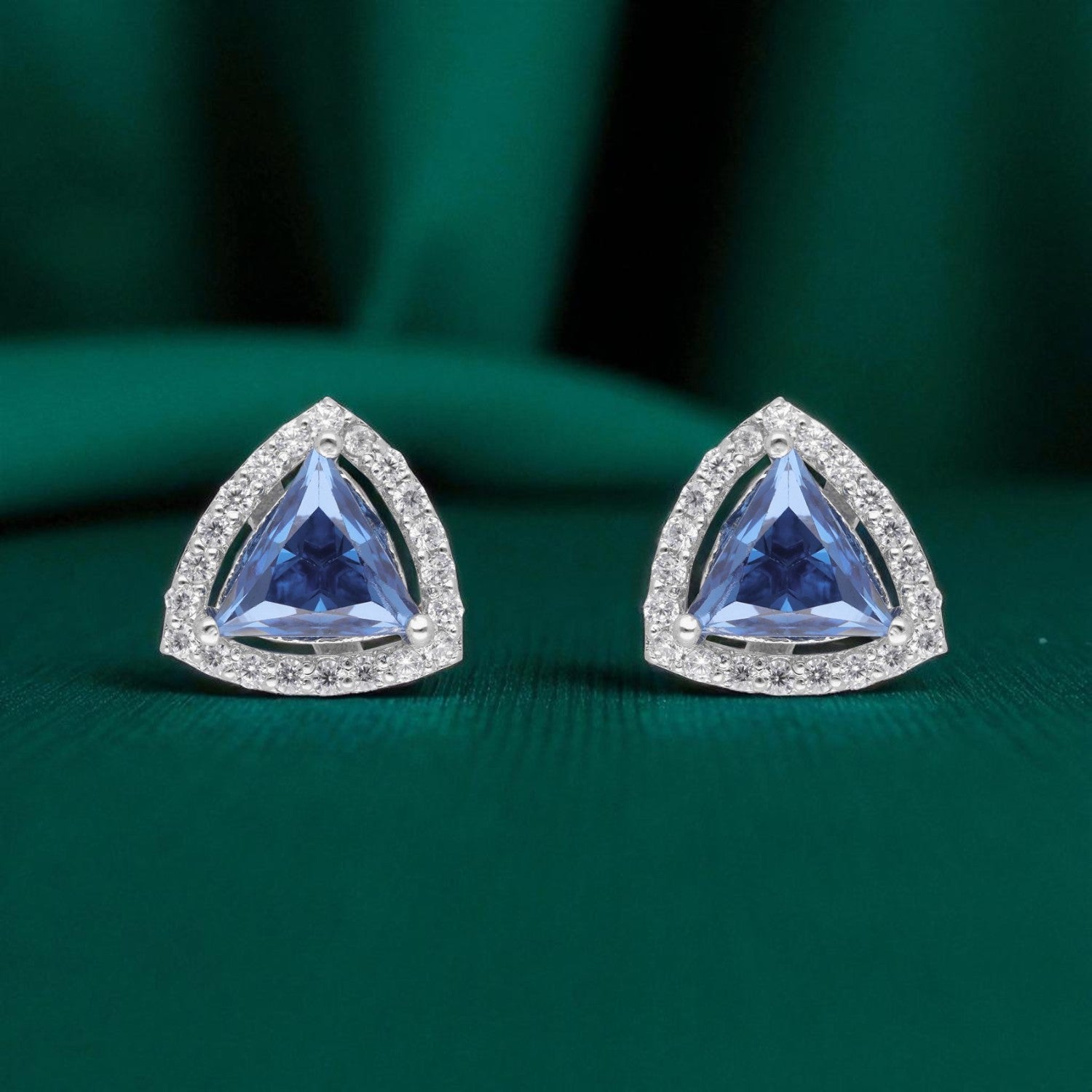 Trillion Radiance Halo Stud Earrings – Bold Geometry, Brilliant Sparkle | SKU : 0022196187, 0022194794, 0003904541