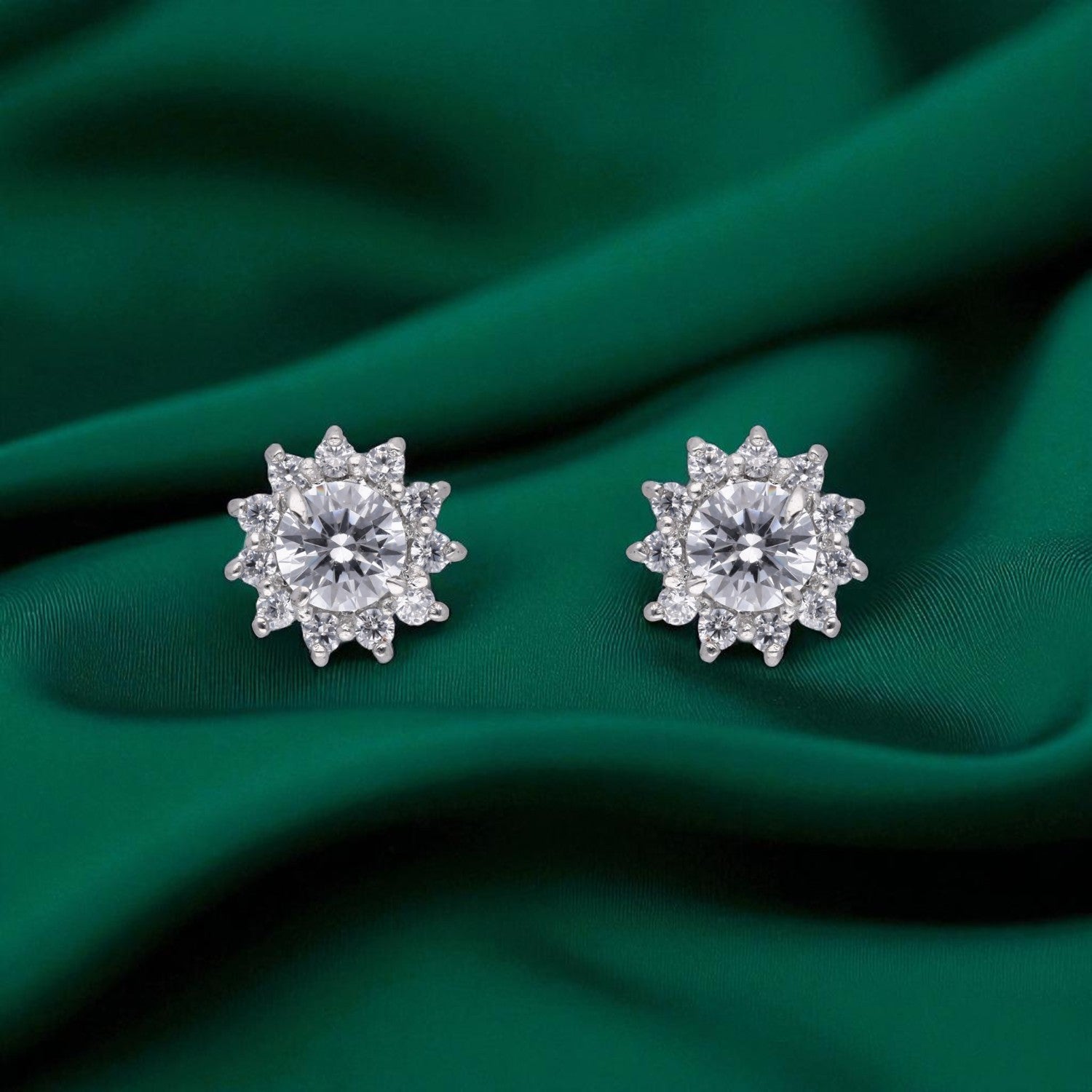 Classic Round-Cut White Gemstone Floral Halo Stud Earrings in Sterling Silver | SKU : 0022196323, 0022194930, 0003904688