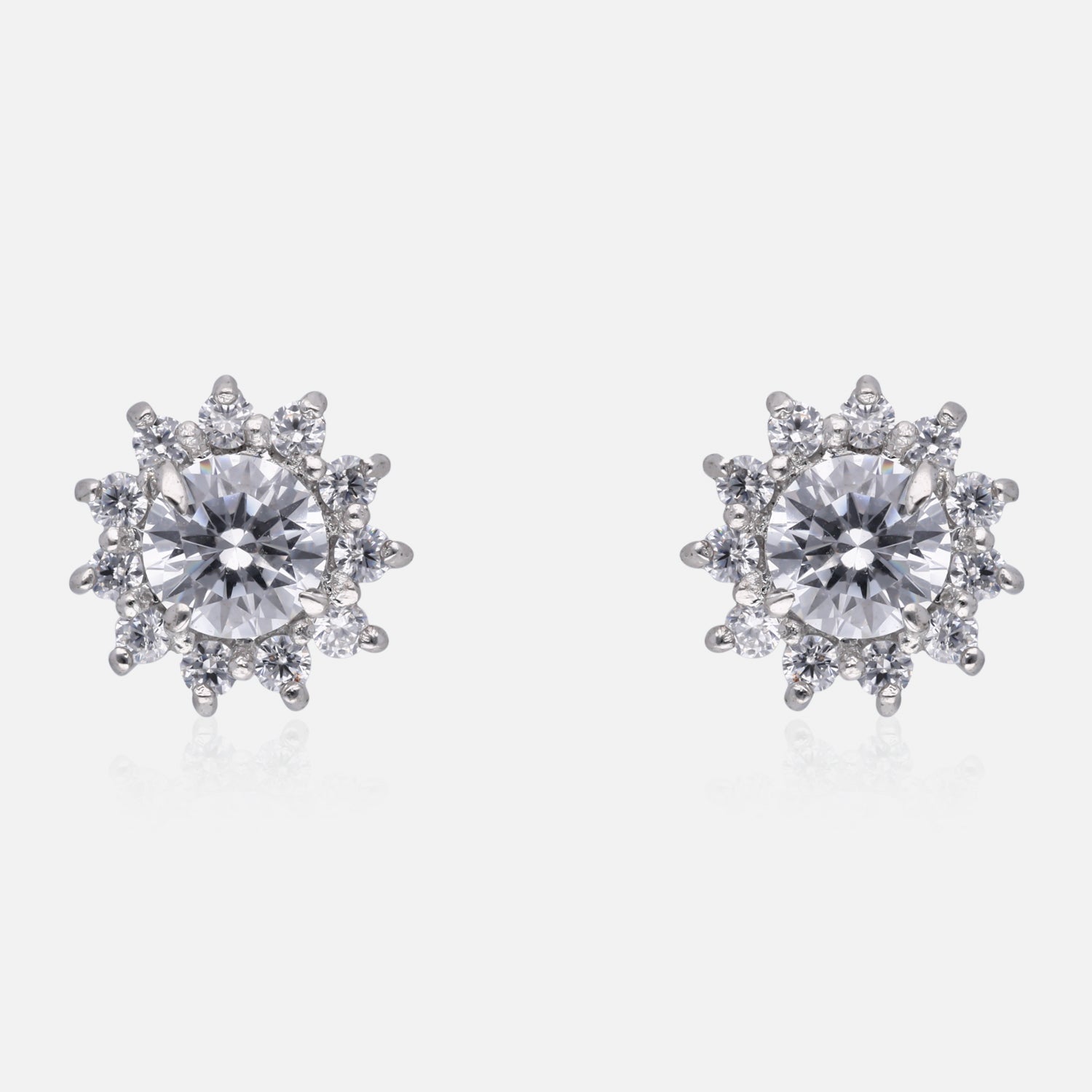 Classic Round-Cut White Gemstone Floral Halo Stud Earrings in Sterling Silver | SKU : 0022196323, 0022194930, 0003904688