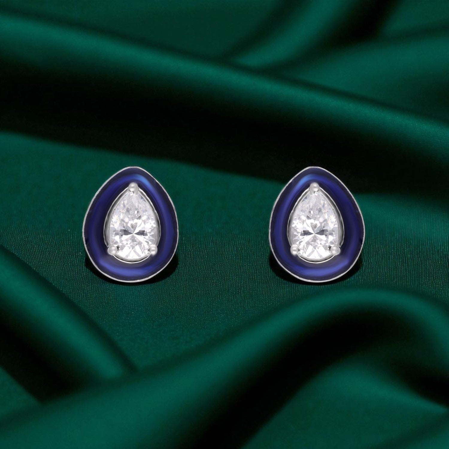 Elegant Teardrop Enamel Stud Earrings with Sparkling Pear-Cut Center Stone – Blue, Red & Green Variants | SKU : 0022196354, 0022194961, 0003904718