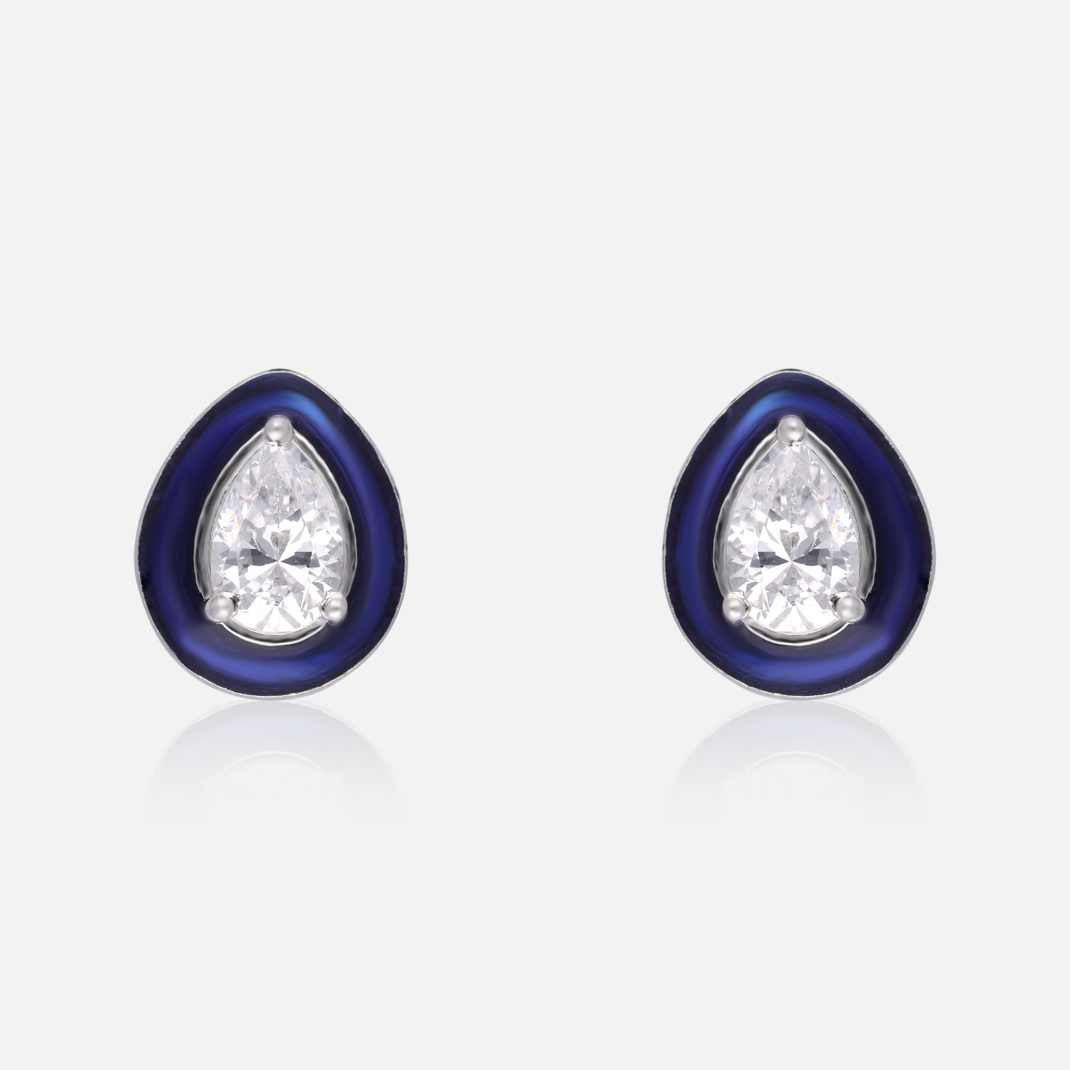 Elegant Teardrop Enamel Stud Earrings with Sparkling Pear-Cut Center Stone – Blue, Red & Green Variants | SKU : 0022196354, 0022194961, 0003904718