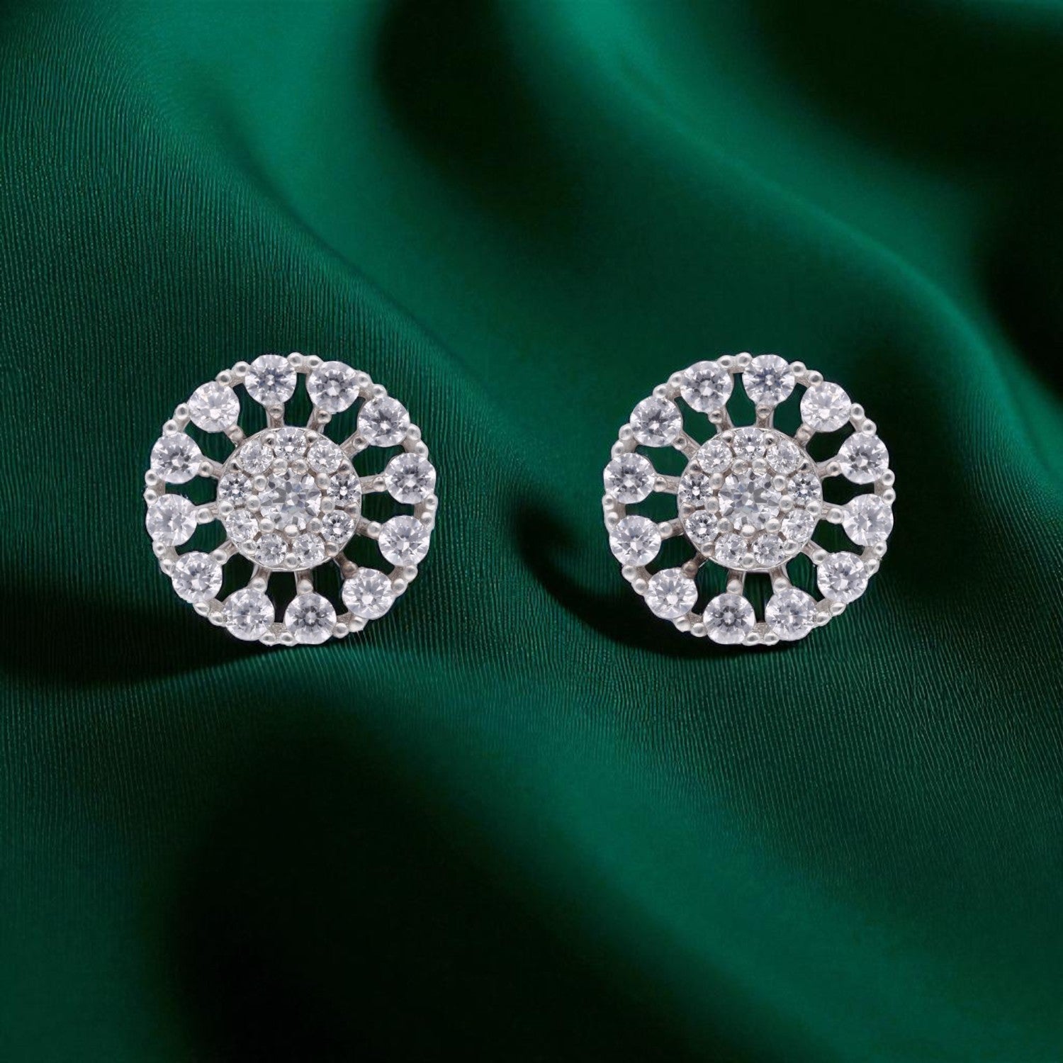 Radiant Round Cluster Halo Stud Earrings in Sterling Silver | SKU : 0022196415, 0022195029, 0003904770