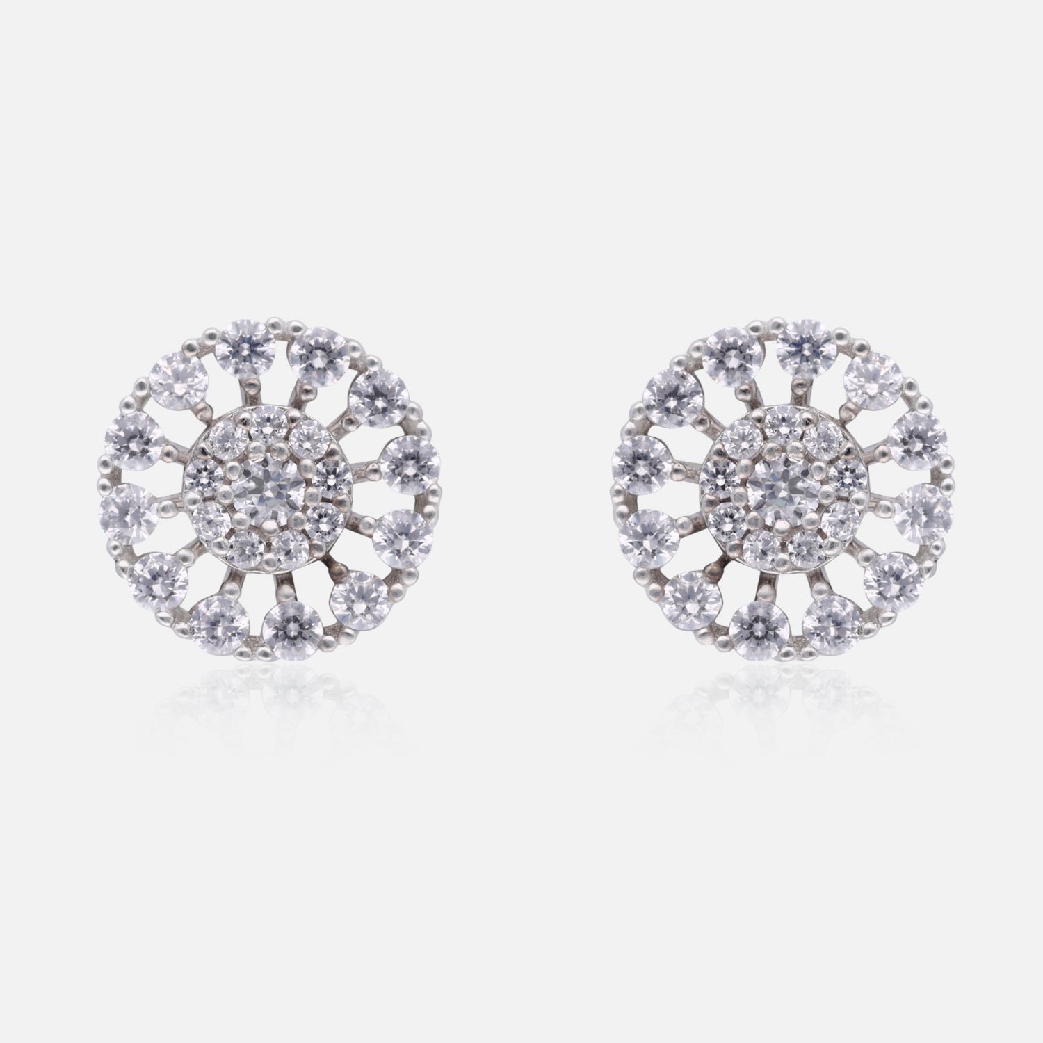 Radiant Round Cluster Halo Stud Earrings in Sterling Silver | SKU : 0022196415, 0022195029, 0003904770