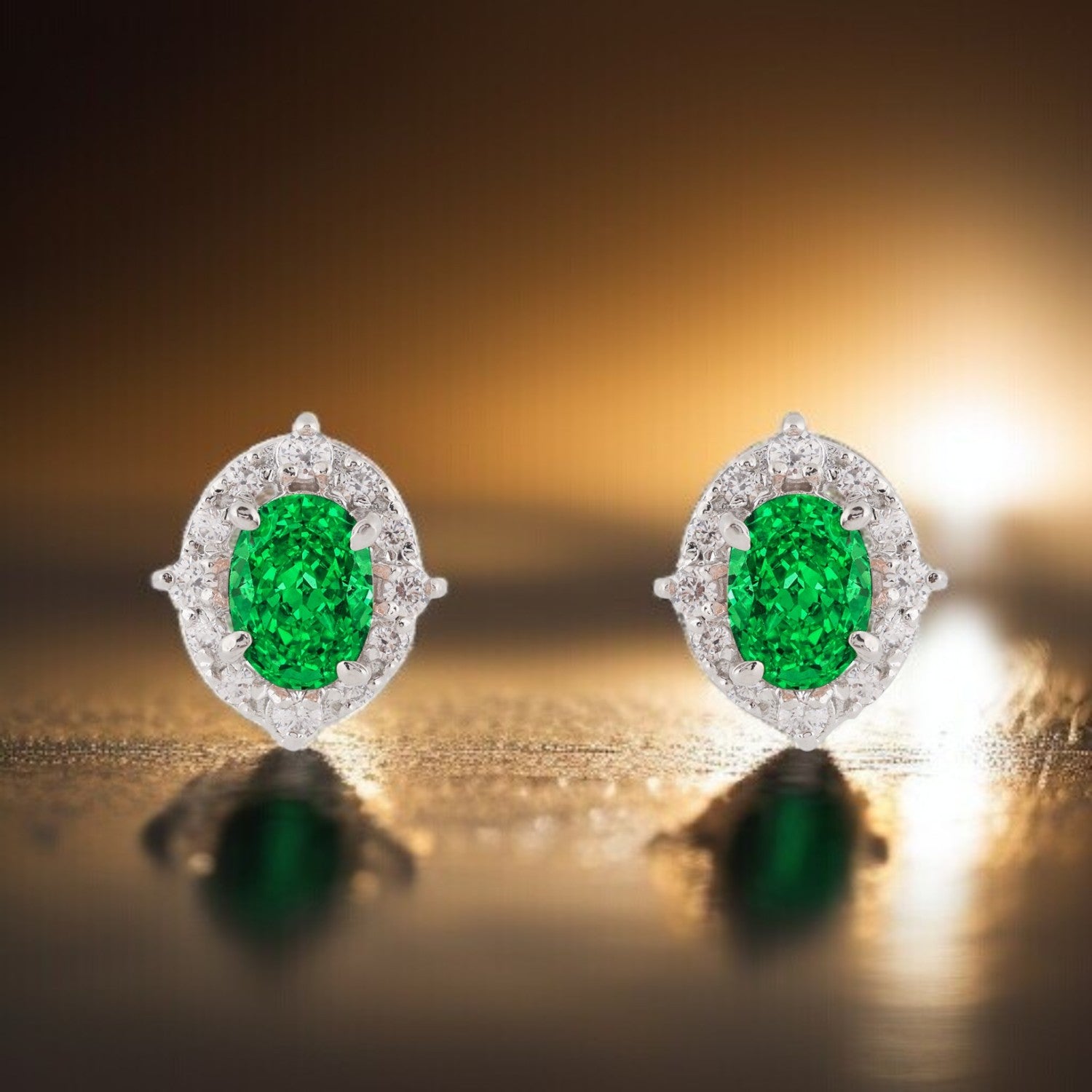 Emerald Radiance Sterling Silver Oval Halo Earrings | SKU : 0022260697, 0022259516, 0003939086