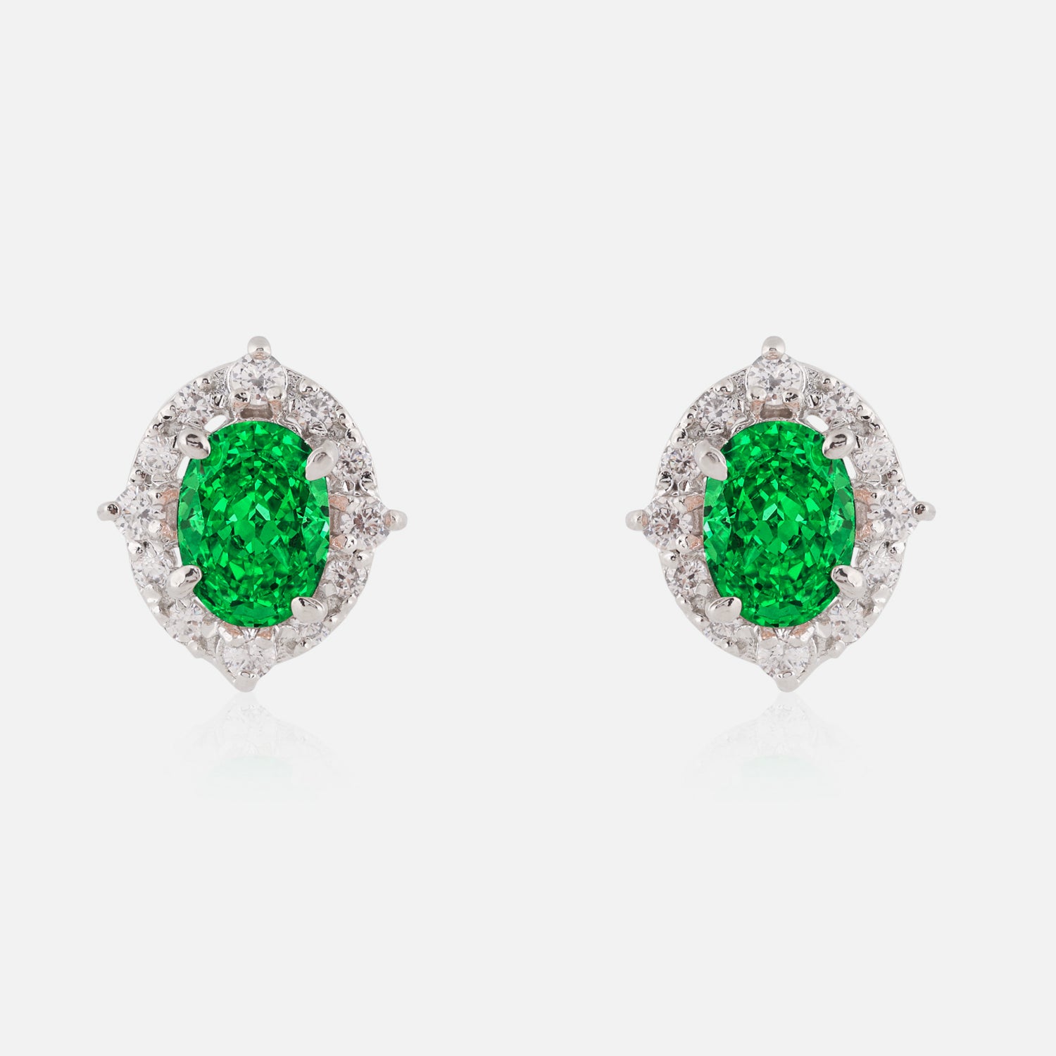 Emerald Radiance Sterling Silver Oval Halo Earrings | SKU : 0022260697, 0022259516, 0003939086