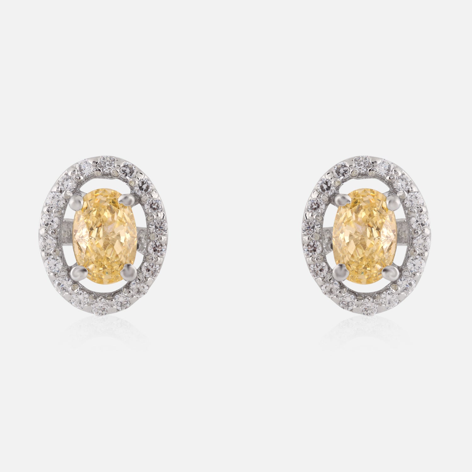 Radiant Yellow Oval Halo Sterling Silver Stud Earrings | SKU : 0022260758, 0022259578, 0003939147