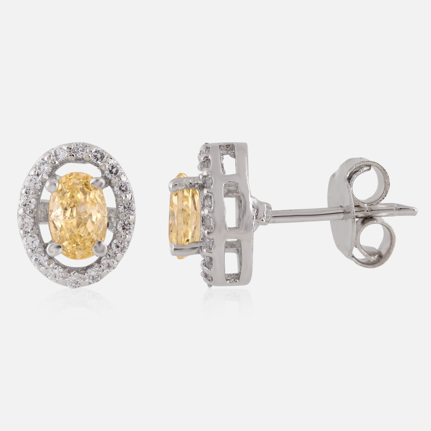 Radiant Yellow Oval Halo Sterling Silver Stud Earrings | SKU : 0022260758, 0022259578, 0003939147