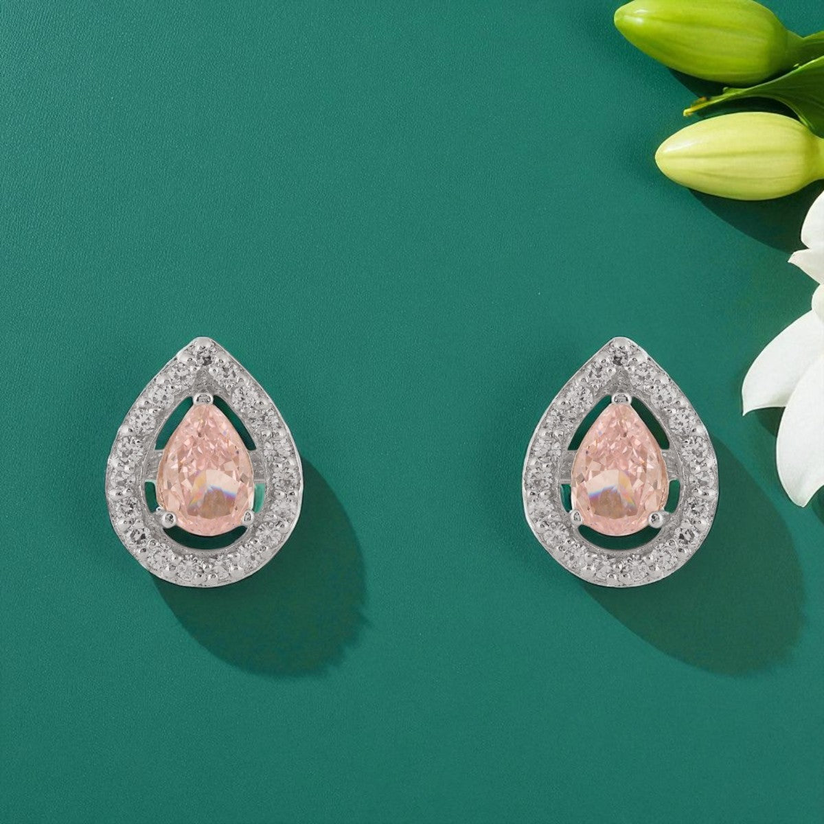 Sterling Silver Pink Teardrop Halo Cubic Zirconia Stud Earrings | SKU : 0022260819, 0022259639, 0003939208