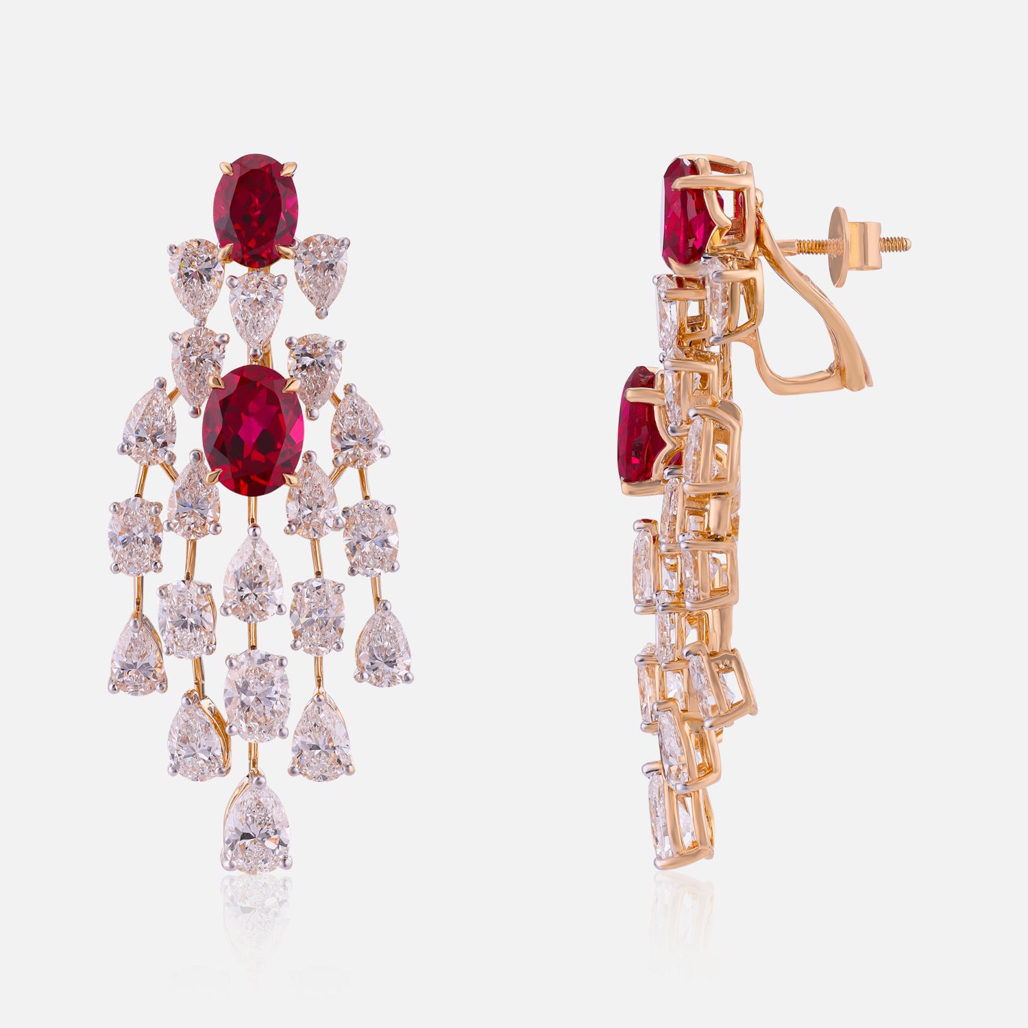 Lab Grown 14.270 Carat Diamond & 7.940 Carat Ruby Chandelier Earrings in 18 Karat Gold | SKU : 0005021710
