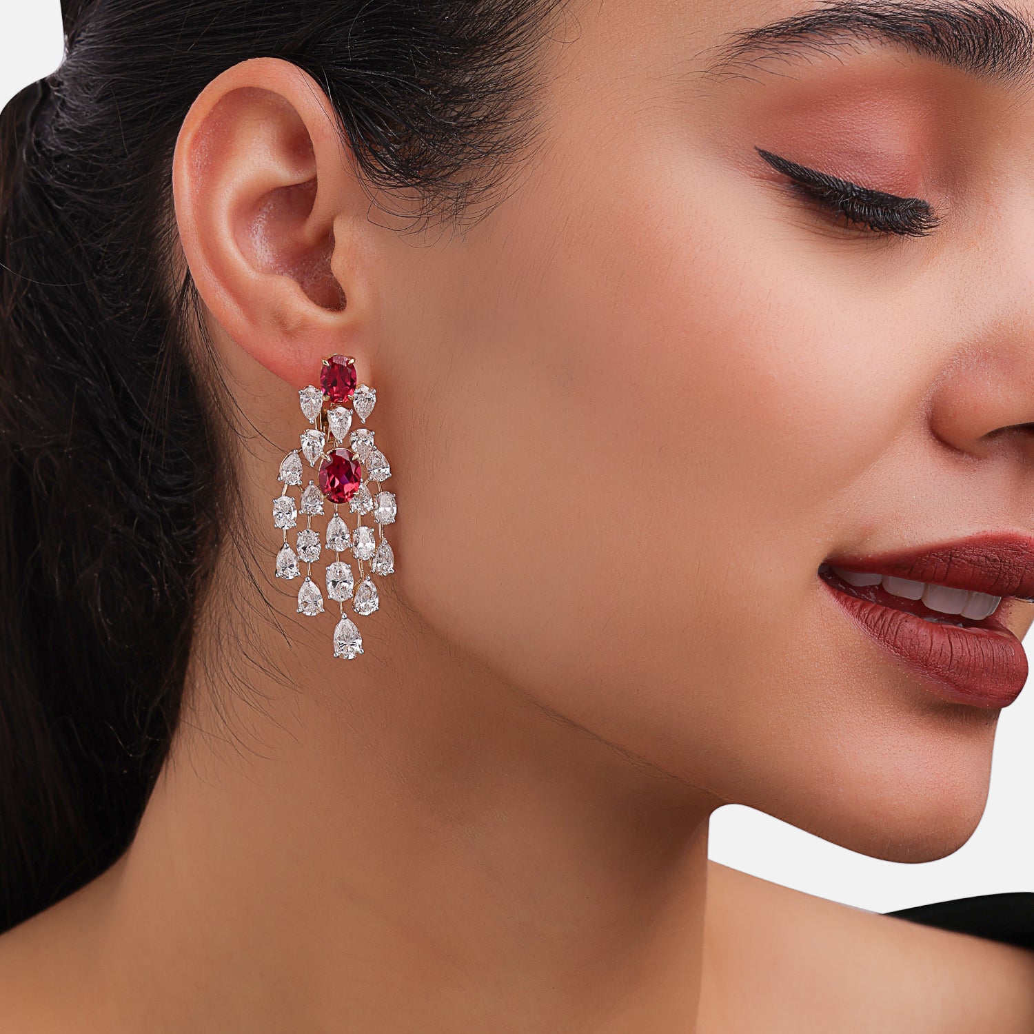 Lab Grown 14.270 Carat Diamond & 7.940 Carat Ruby Chandelier Earrings in 18 Karat Gold | SKU : 0005021710