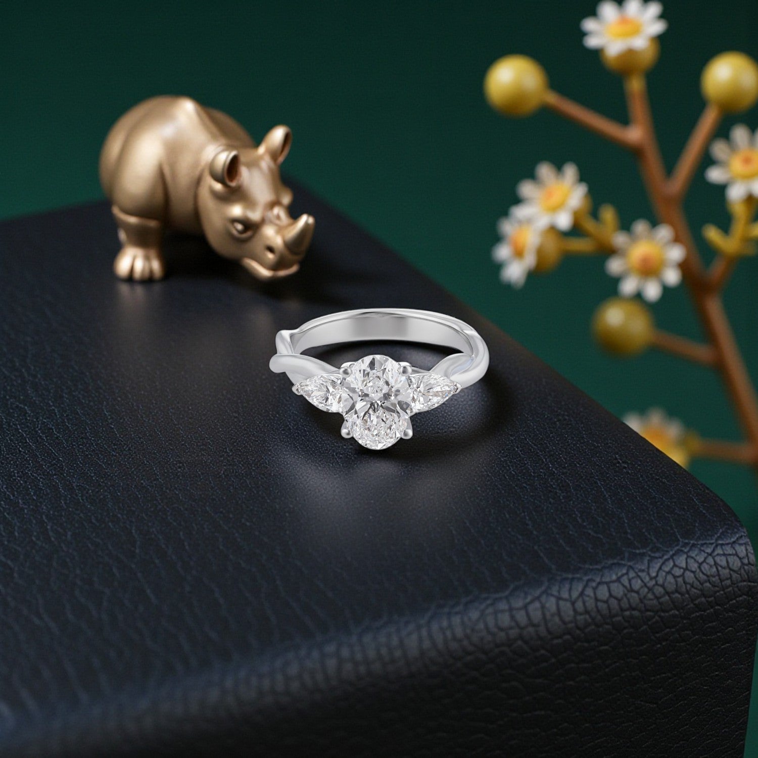 Lab Grown 2.080 Carat Pear and Oval Cut Diamond Three Stone Ring in 18 Karat Gold | SKU : 0005053759