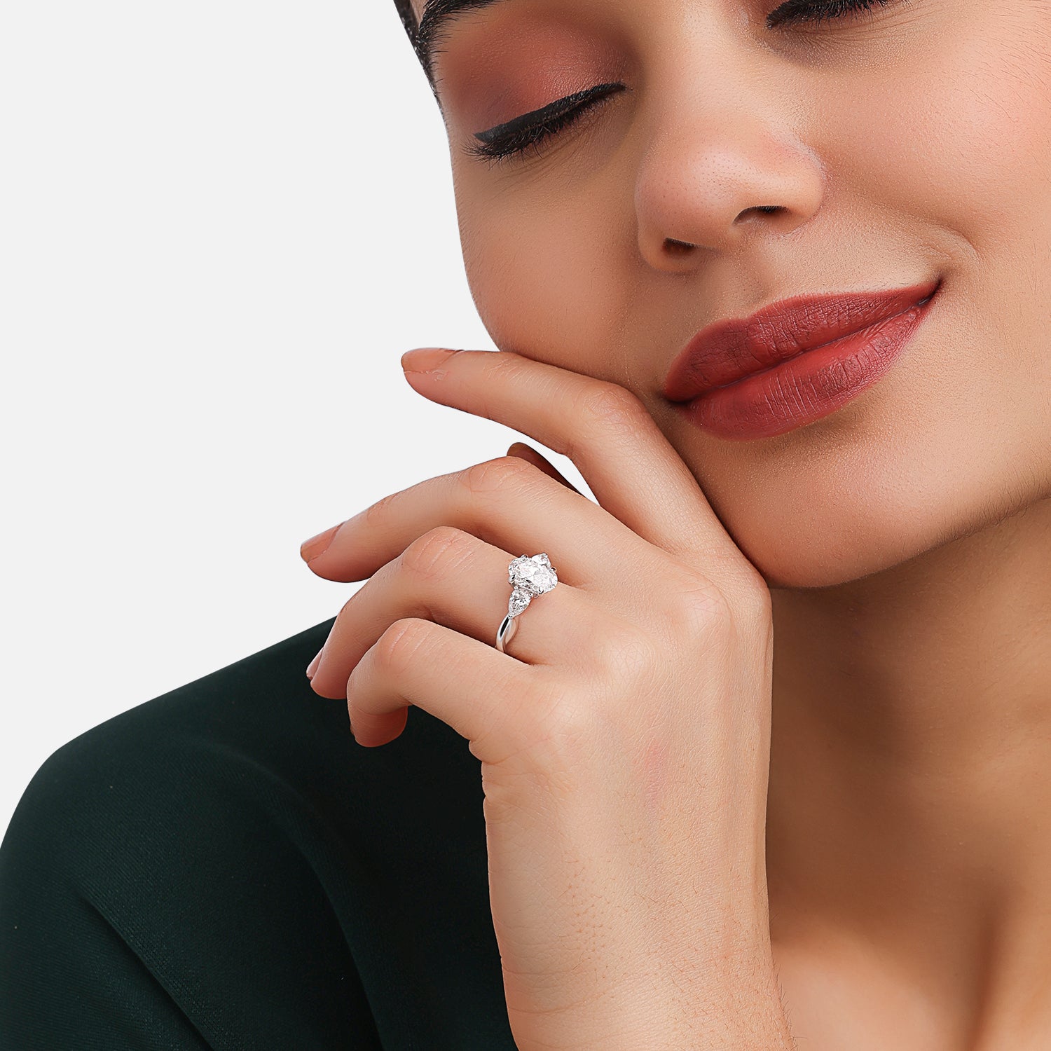 Lab Grown 2.080 Carat Pear and Oval Cut Diamond Three Stone Ring in 18 Karat Gold | SKU : 0005053759