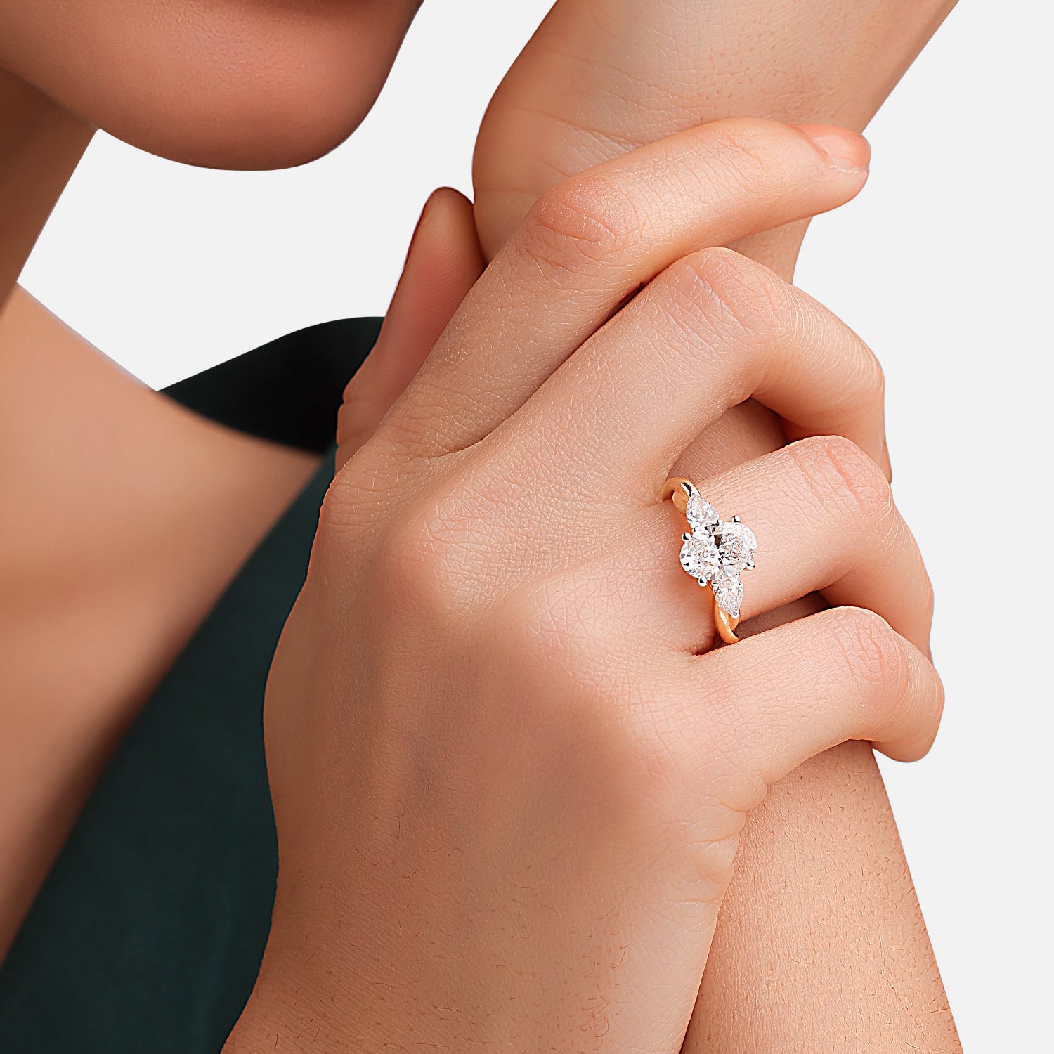 Lab Grown 2.090 Carat Pear and Oval Cut Diamond Three Stone Ring in 18 Karat Gold | SKU : 0005053766