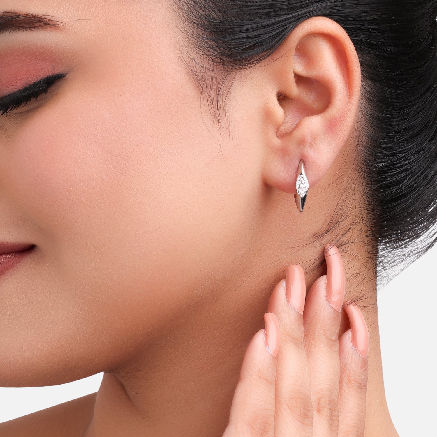 Lab Grown 1.00 Carat Marquise Diamond Huggie Earrings in 18 Karat White Gold | SKU : 0005109197