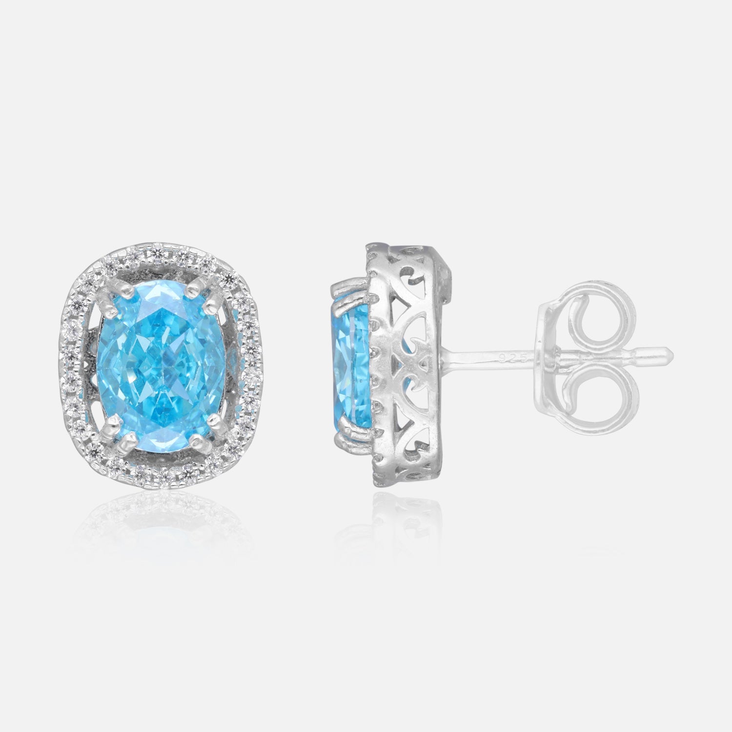 Sterling Silver Blue Oval Halo Stud Earrings | SKU : 0005476671