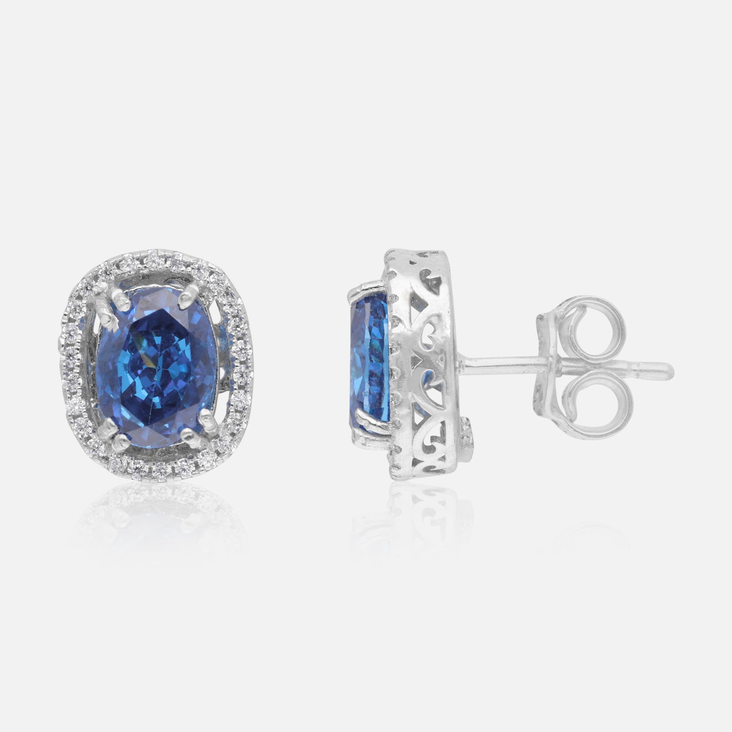 Sterling Silver Royal Blue Oval Halo Stud Earrings | SKU : 0005479511