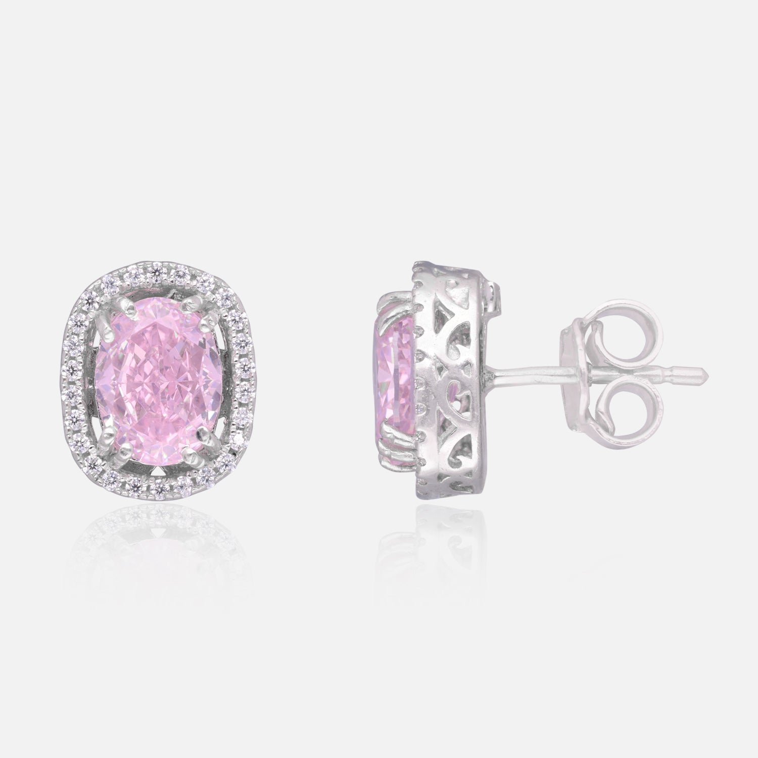 Sterling Silver Pink Oval Halo Stud Earrings | SKU : 0005485970
