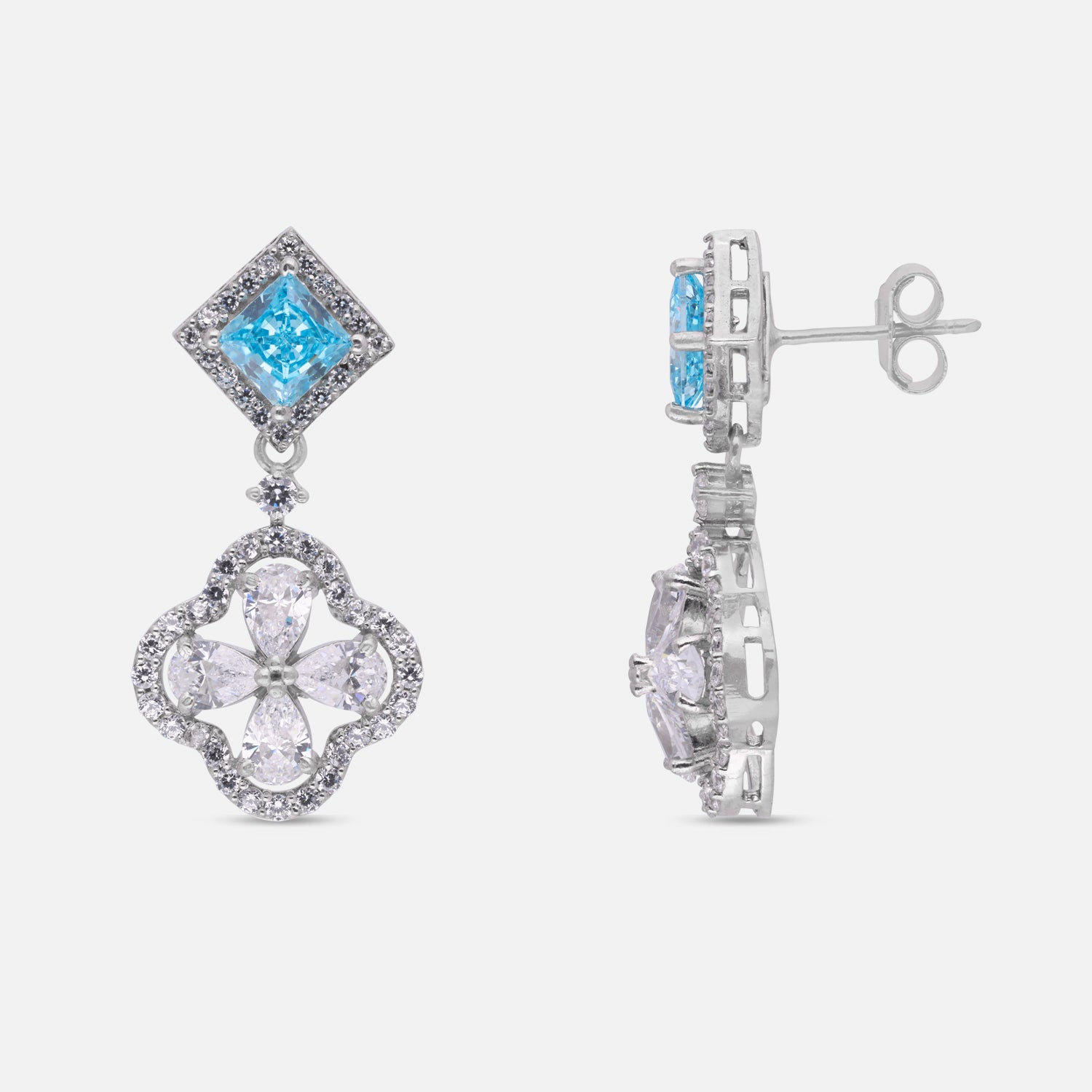 Sterling Silver Blue Square Halo Floral Drop Earrings | SKU: 0005747993