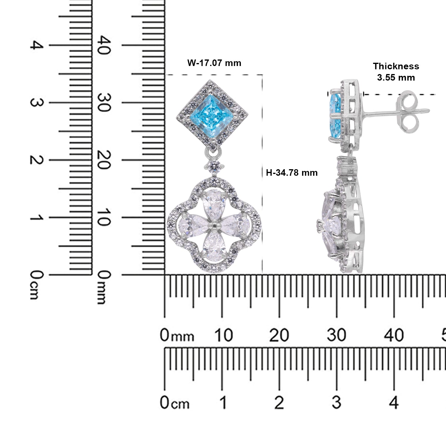 Sterling Silver Blue Square Halo Floral Drop Earrings | SKU: 0005747993