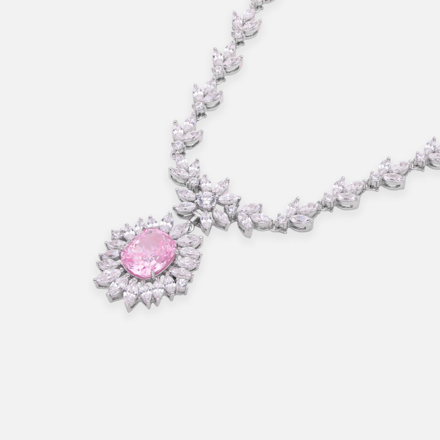 Sterling Silver Pink CZ Floral Drop Statement Necklace | SKU: 0005748044