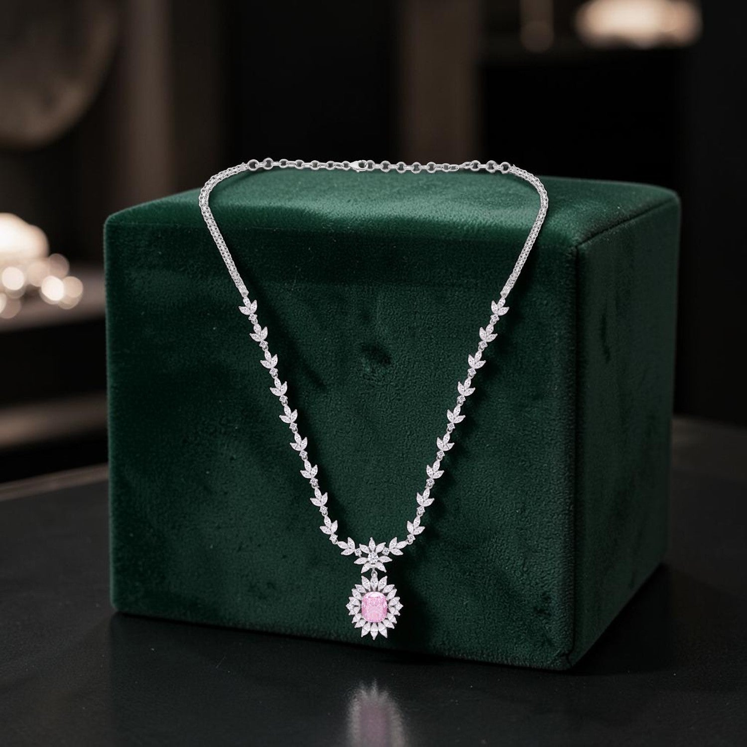 Sterling Silver Pink CZ Floral Drop Statement Necklace | SKU: 0005748044