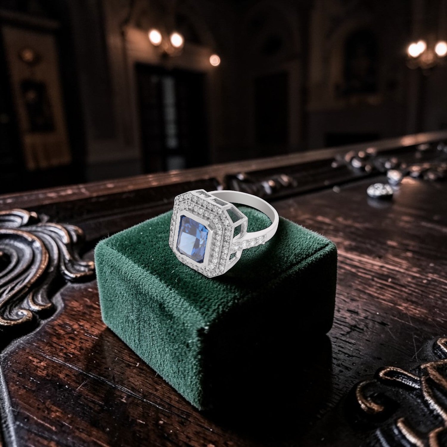 Sterling Silver Deep Blue CZ Octagon Halo Statement Ring | SKU: 0005748105, 0022629074, 0005750696